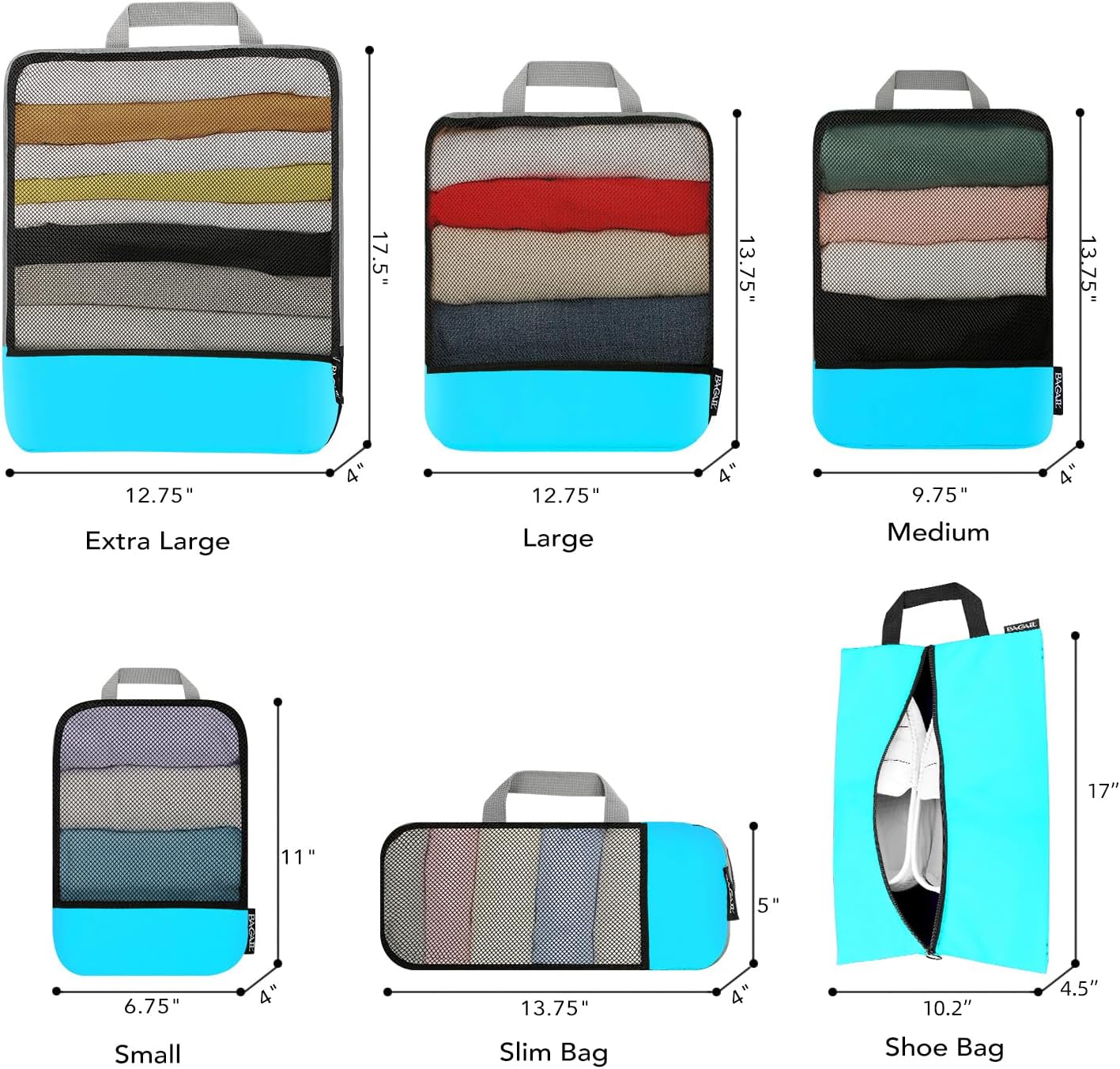 BAGAIL 4 Set/6 Set/8 Set Compression Packing Cubes Travel Accessories Expandable Packing Organizers (Half Mesh, 6-Blue)