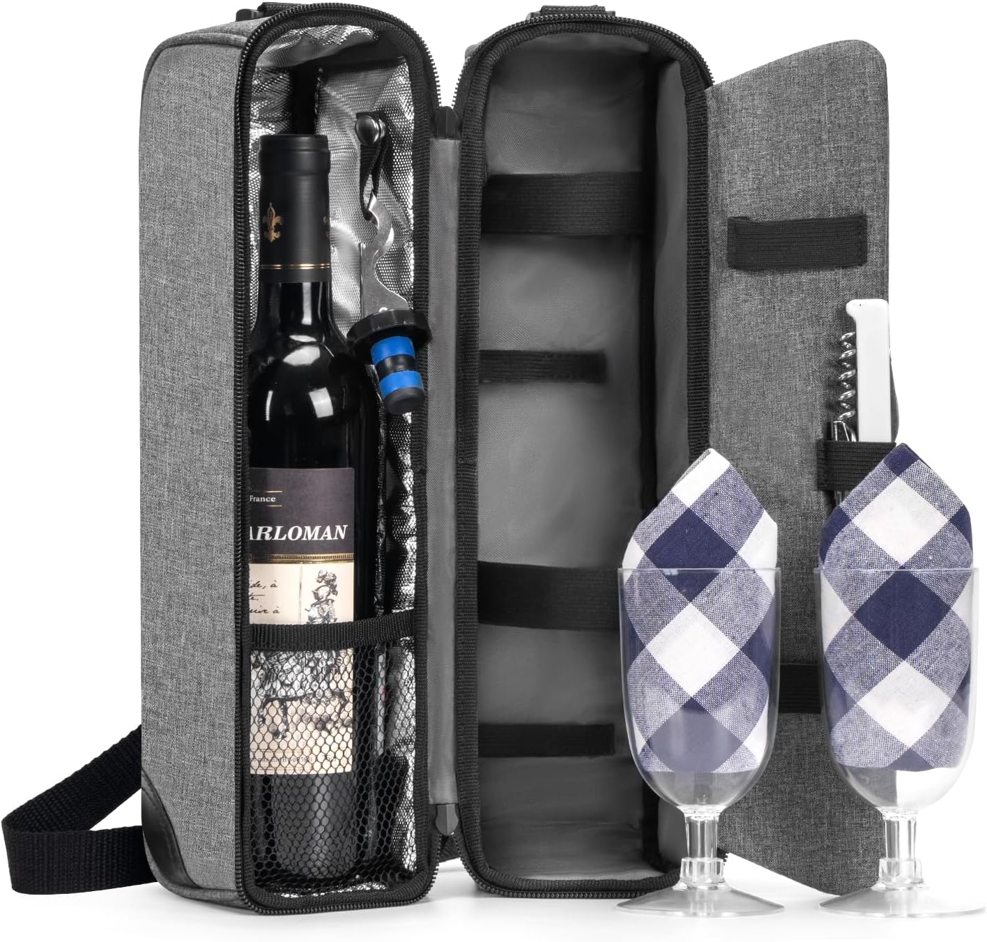 ALLCAMP Wine Tote Bag with Cooler Compartment，Picnic Set Carrying Two Sets of Tableware（Gray）