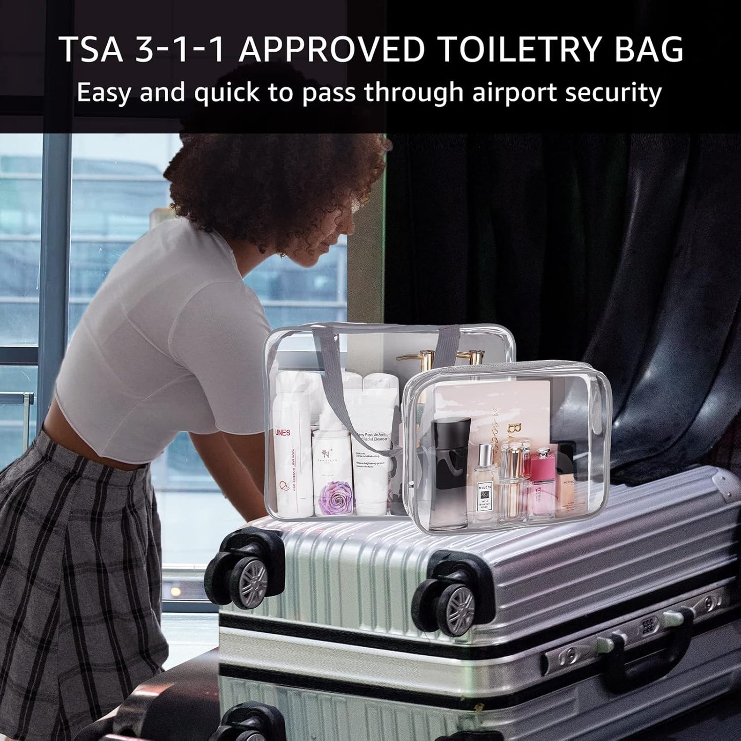 4Pcs Crystal Clear PVC Travel Toiletry Bag Kit for Women Men, Waterproof Vinyl Packing Organizer Storage Bags with Zipper Handle Straps, Cosmetic Pouch Carry on Airport Airline Compliant Bag Handbag