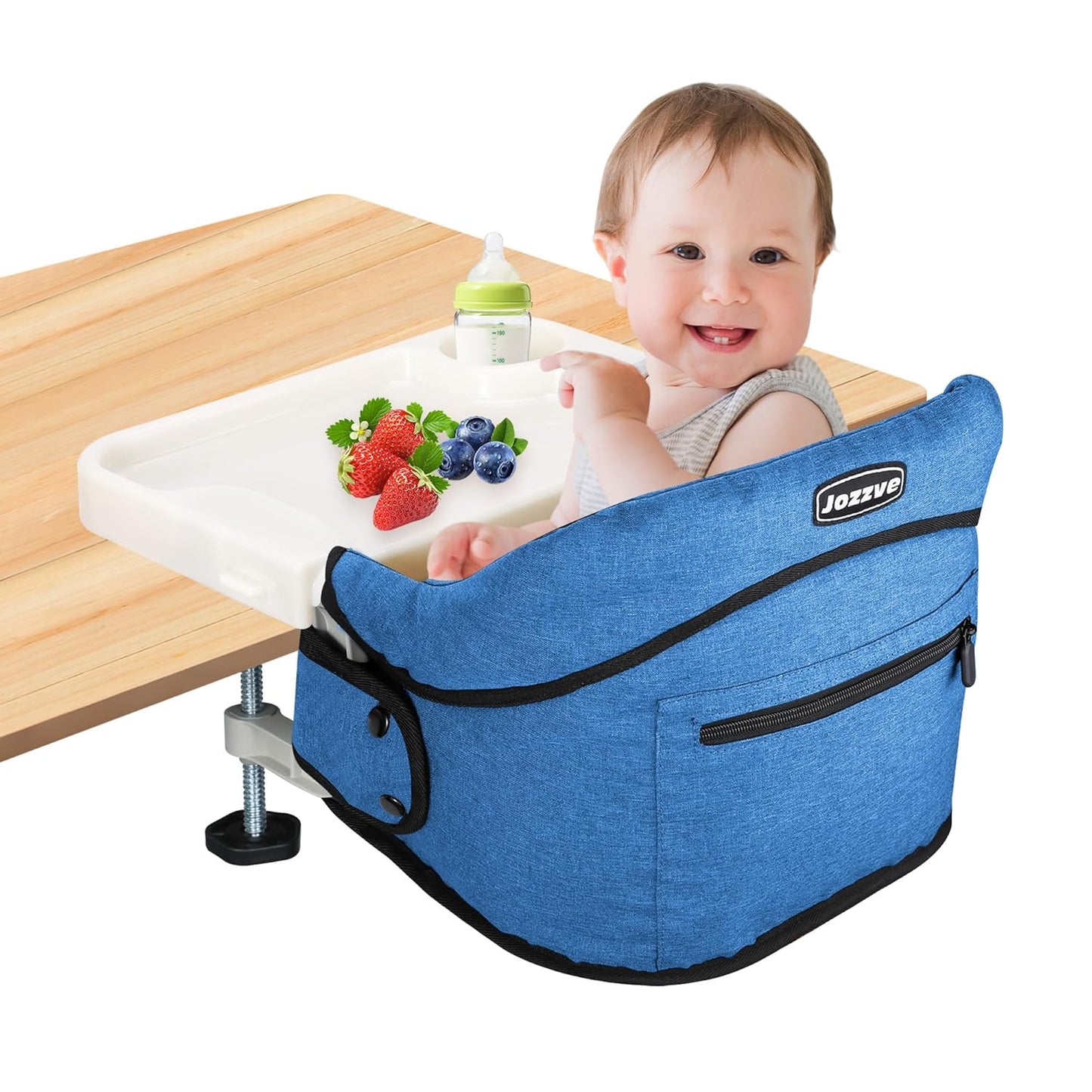 Hook On High Chair, Jozzve Clip on High Chair with Removable Dining Tray for Babies and Toddlers, Fold-Flat Storage Portable Baby Feeding Seat, Attach to Fast Table Chair for Home Travel (Bright Blue)