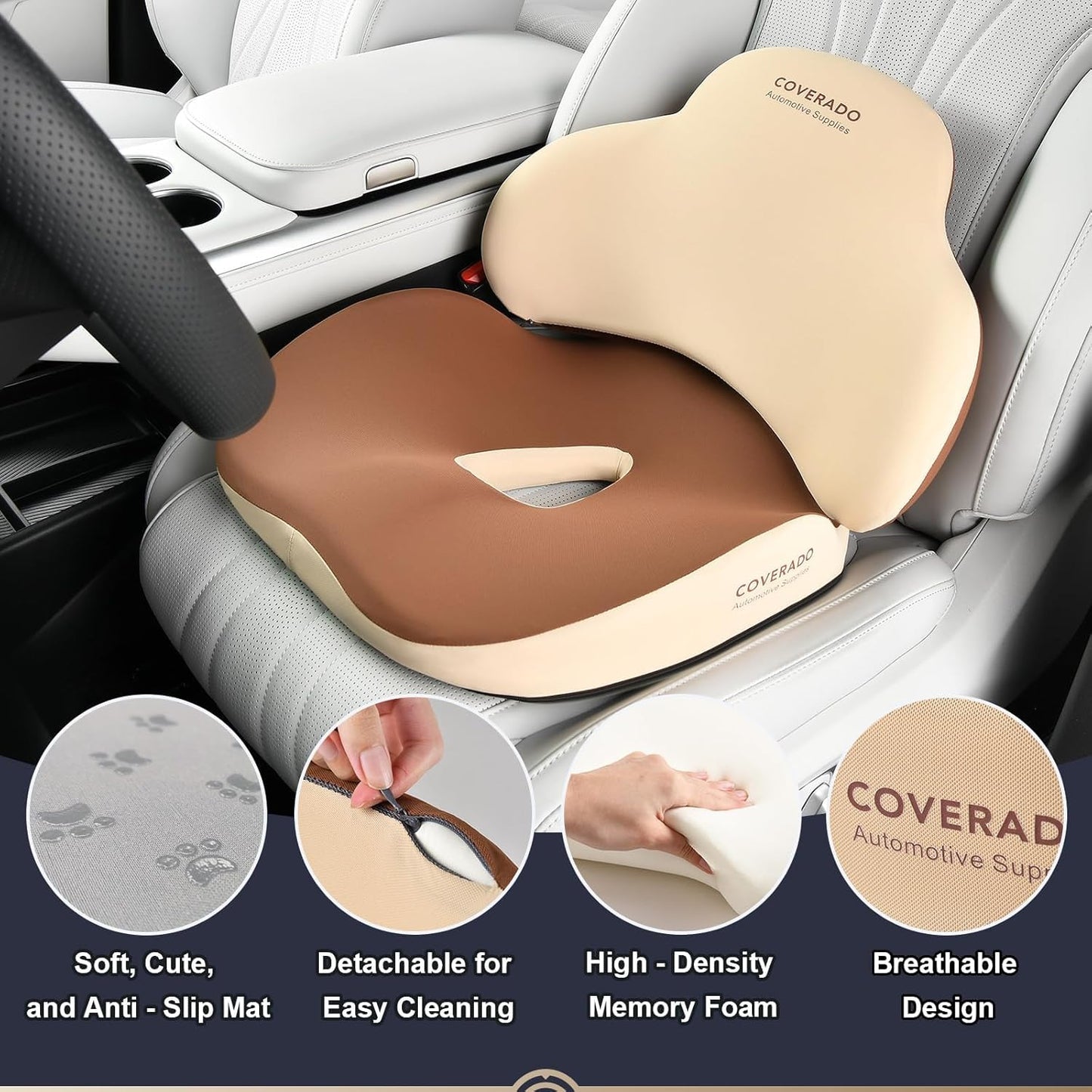Coverado Car Seat Cushion and Lumbar Support Pillow, Memory Foam Ergonomic Back Support Driving Seat Cushion for Sciatica, Tailbone, Back Pain, Non-Slip Washable Cushion for Car, Driver, Office
