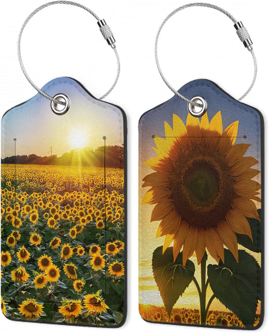 Luggage Tags for Suitcase,Field Sunflowers Sunset Luggage Tags of Set 2 Leather Identifiers Privacy Cover with Stainless Steel Loop for Women Men Travel Bag Suitcase