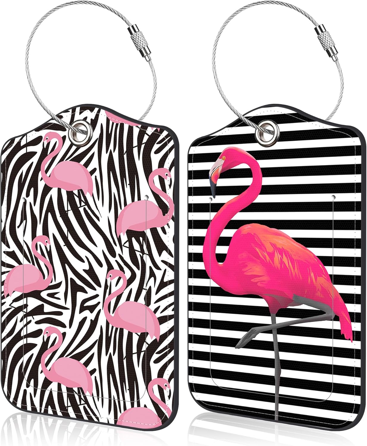 Set of 2 Luggage Tags for Suitcase Pink Flamingos Leather Baggage Tags Set with Stainless Steel Loop Name Address Labels Privacy Cover for Men Women Travel Bag Suitcase, 4.6 x 2.7 inch