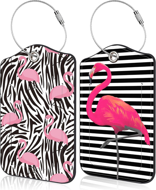 Set of 2 Luggage Tags for Suitcase Pink Flamingos Leather Baggage Tags Set with Stainless Steel Loop Name Address Labels Privacy Cover for Men Women Travel Bag Suitcase, 4.6 x 2.7 inch