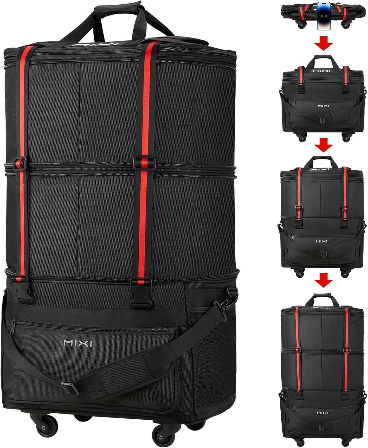 mixi Travel Bag with Wheels Expandable Foldable Luggage Bag Collapsible Rolling Travel Bag Duffel Bag Large Capacity Suitcase for Men Women, Black