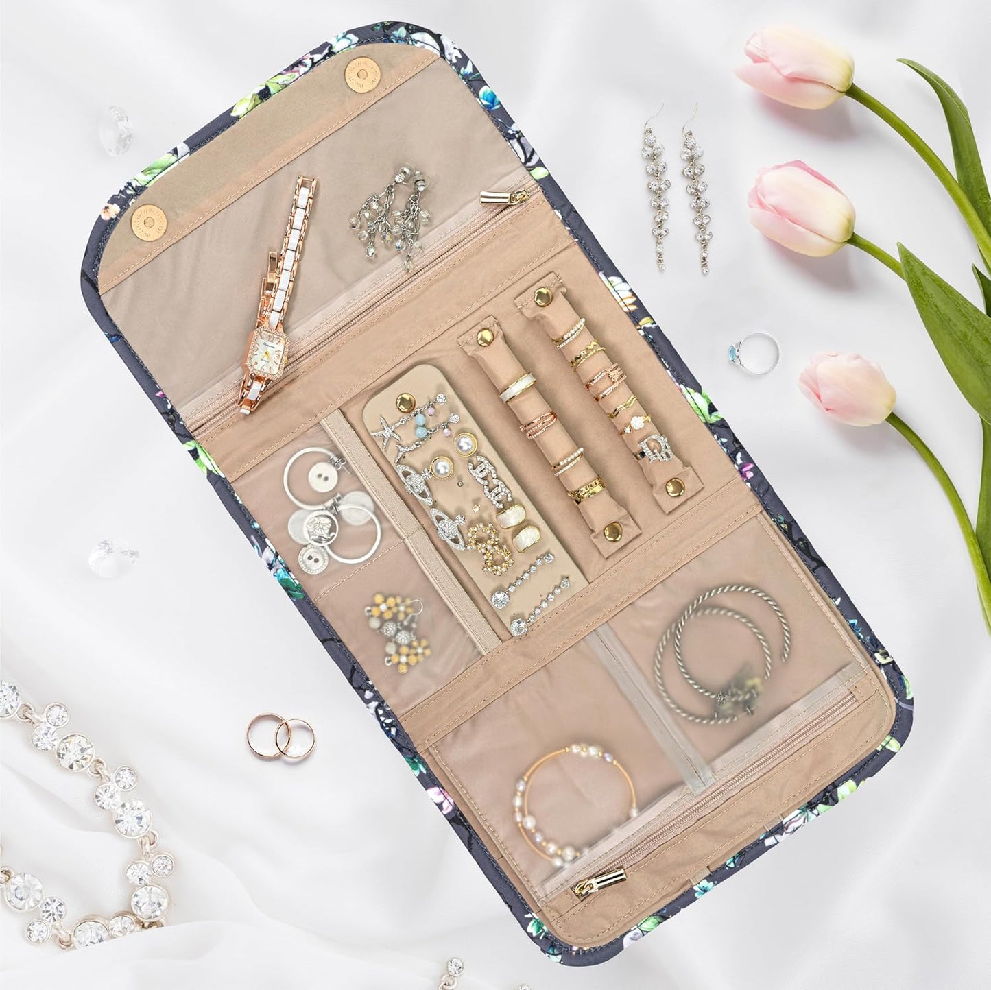 Pavilia Foldable Jewelry Organizer - Travel Roll Bag with Compartments for Earrings, Rings, Necklaces, Bracelets - Packing Accessory