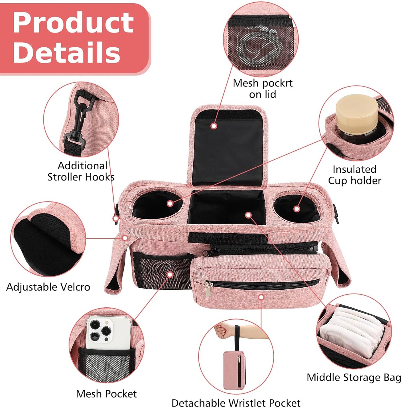 Accmor Universal Stroller Organizer with Insulated Cup Holder Detachable Phone Bag and Shoulder Strap, Stroller Bag Caddy Organizer Accessories Fits for Uppababy, Baby Jogger, Britax Strollers