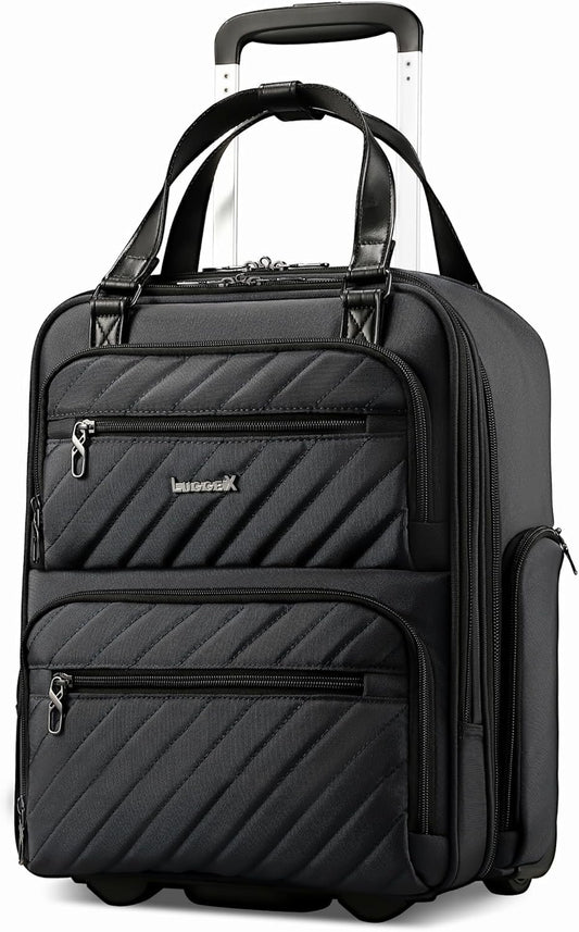 LUGGEX Underseat Carry On Luggage with Wheels, Stylish Lightweight Under Seat Luggage, Soft Sided Personal Item Suitcase for Short Trip (All Black, 16 Inch)
