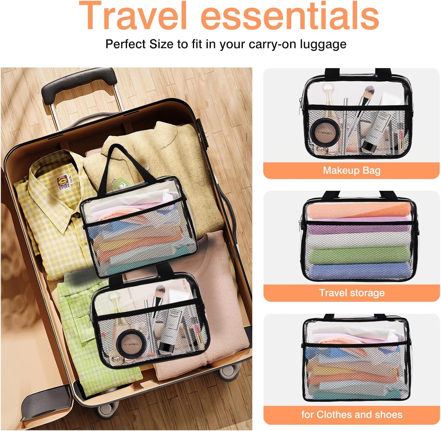XEWEA 2PCS Large TSA Approved Clear Travel Toiletry Bags for Men Women, Transparent Makeup Cosmetic Bag with Handle,Waterproof PVC Quart Organizer Storage Pouch for Toiletries Airline Essential, Balck