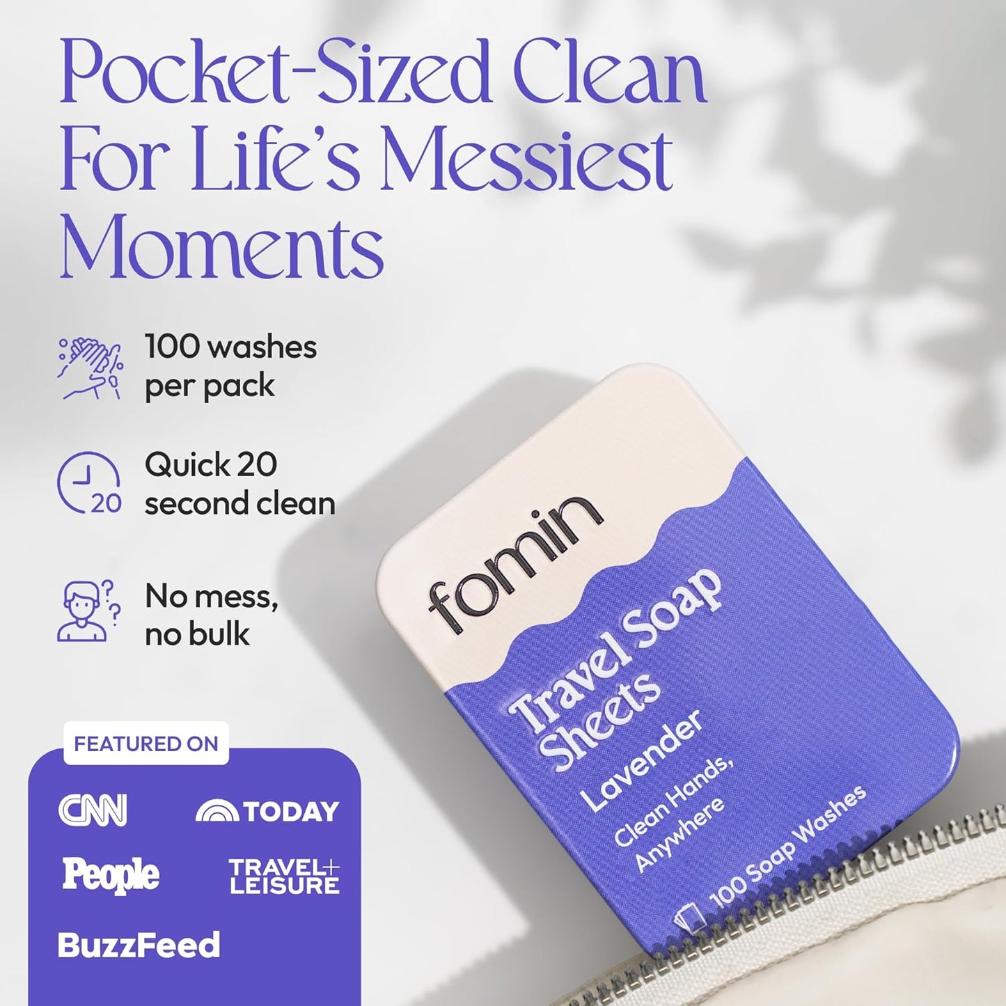 FOMIN - Antibacterial Paper Soap Sheets Tin for Traveling - (100 Sheets) Lavender Portable Travel Hand Soap Sheet, Dissolvable Mini Camping Hand Soap for Hand Washing