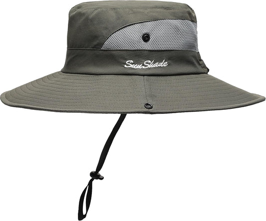 Womens Summer Sun Hat Beach Hat Wide Brim Outdoor UV Protection Hat Foldable Cool Mesh Ponytail Bucket Hat