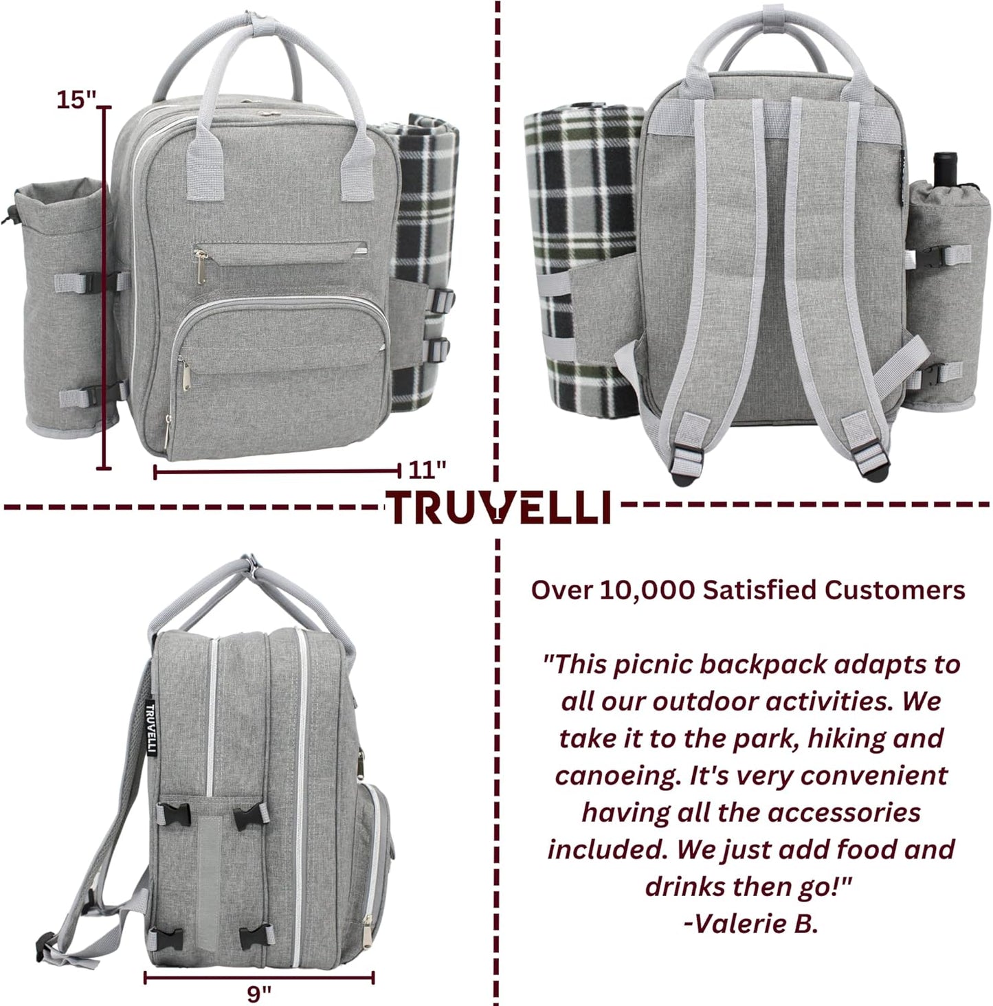 Truvelli Picnic Backpack for 4 with Blanket – 12-in-1 Insulated Picnic Basket Backpack Set with‬ Wine Holder, Cheese Board & Cutlery – Premium Picnic Back Pack for Family & Group‬ Adventures, Gray