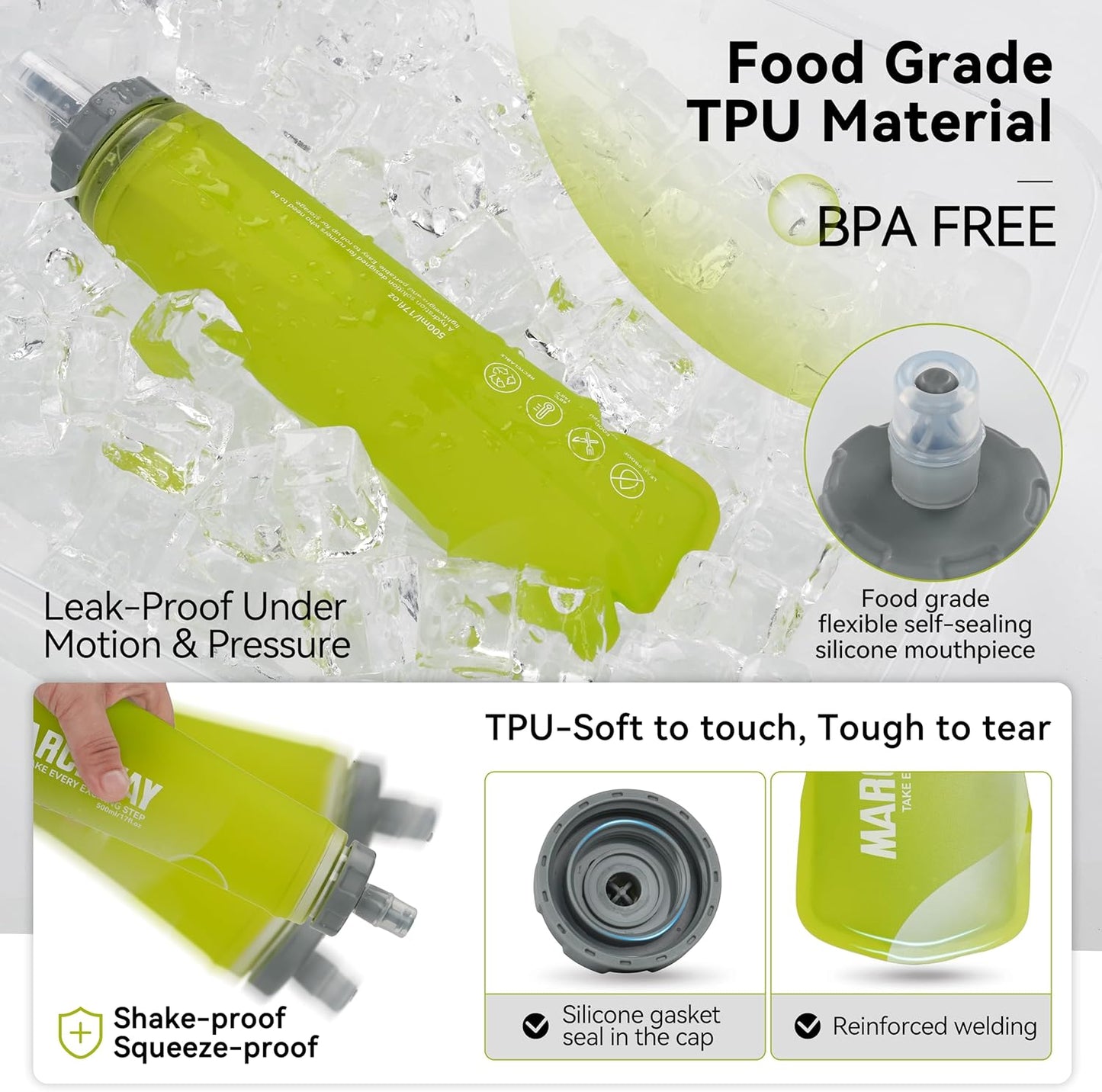MARCHWAY Soft Hydration Flask with Wide Mouth, 300ml/500ml Collapsible TPU Water Bottle, Leakproof Portable Flexible for Running, Hiking, Cycling, Climbing, Gym, Travel (2pcs Yellow 300ml)