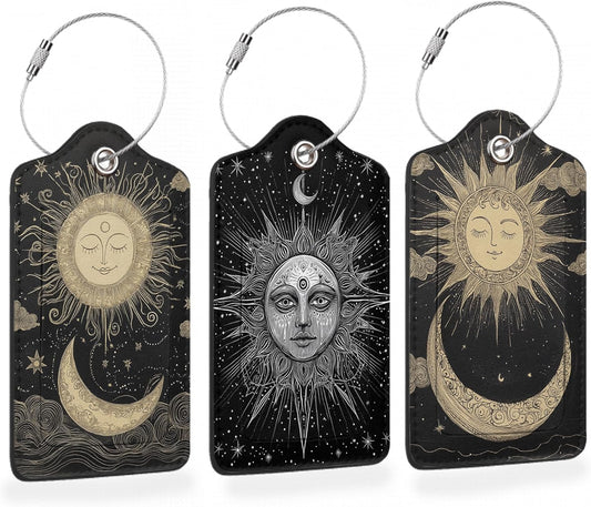 Vintage Boho Sun and Moon 3 PCS Luggage Tags, Leather Suitcase Tags with Privacy Cover Name Address Labels and Durable Steel Loop for Men/Women Travel Bag Suitcases