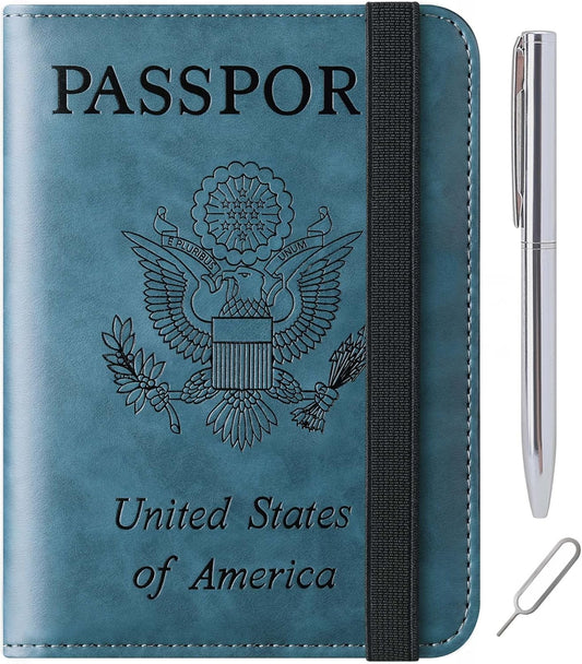 Passport Holder Cover Wallet Travel Essentials Leather Rfid Blocking Case Vacation Luggage Must Haves Travel Accessories for Men Women (116#Blue)