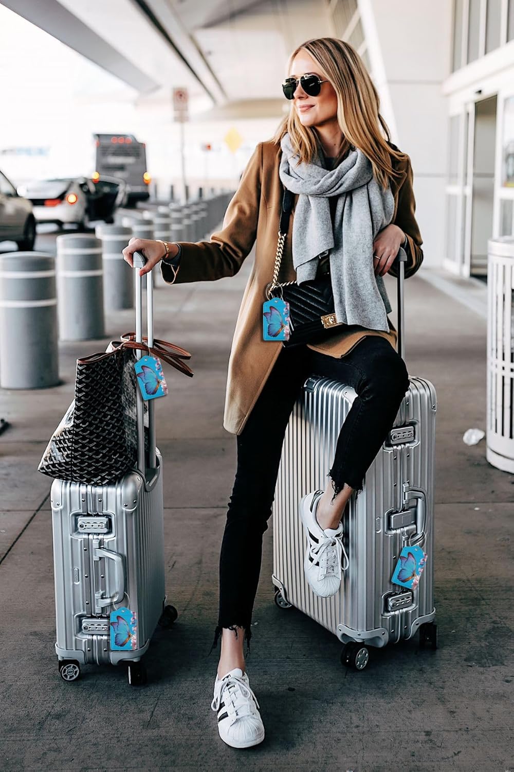 2 Pack Luggage Tags for suitcases Blue Funny Cute Butterfly Luggage Tag, Leather Stainless Steel Loop Label Tag for Men Women Travel Bag Suitcase(Butterfly)