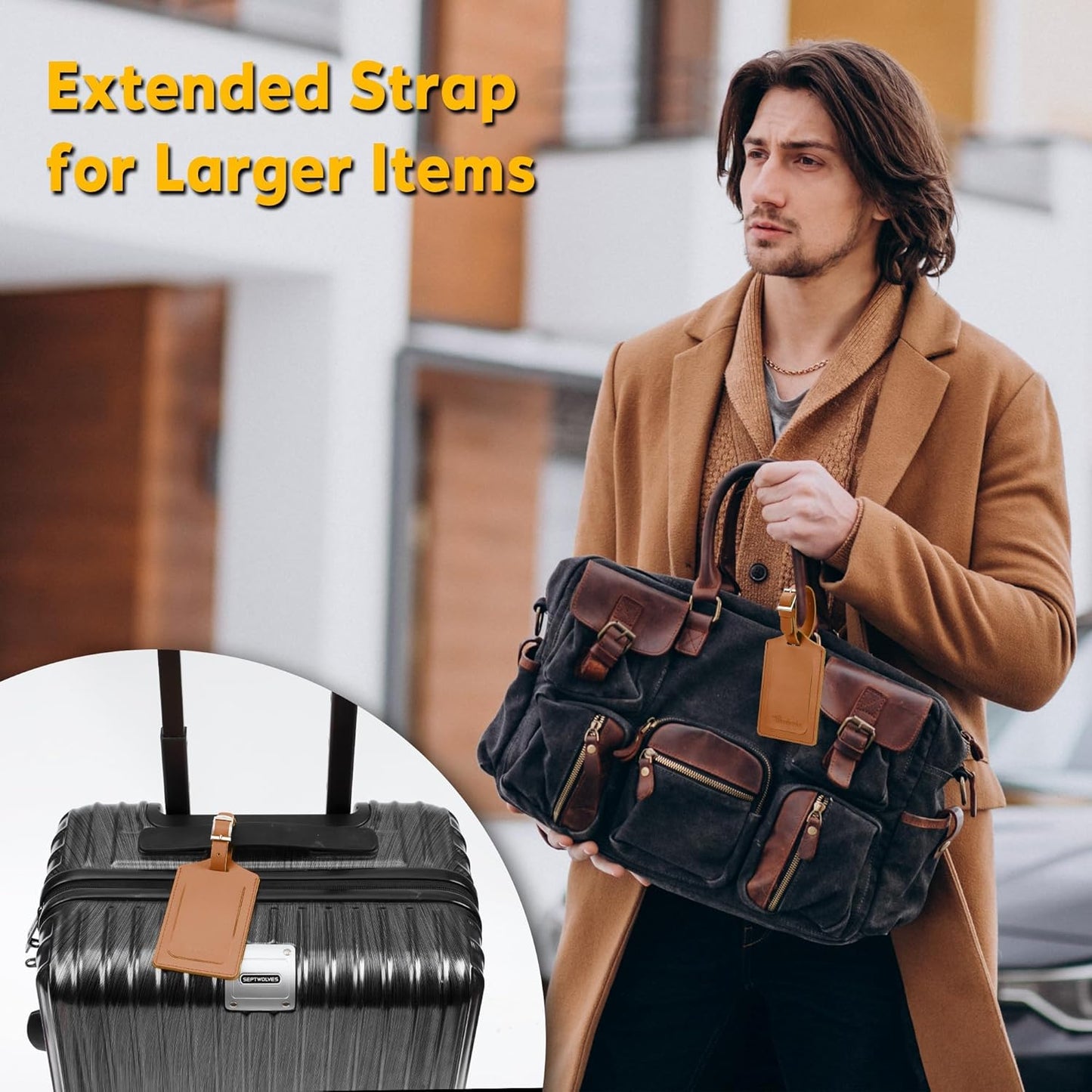Travelambo Luggage Tags for Suitcases Faux Leather Privacy Protection 16 Pack Bag Tags Travel Accessories Essential, Yellowish Brown
