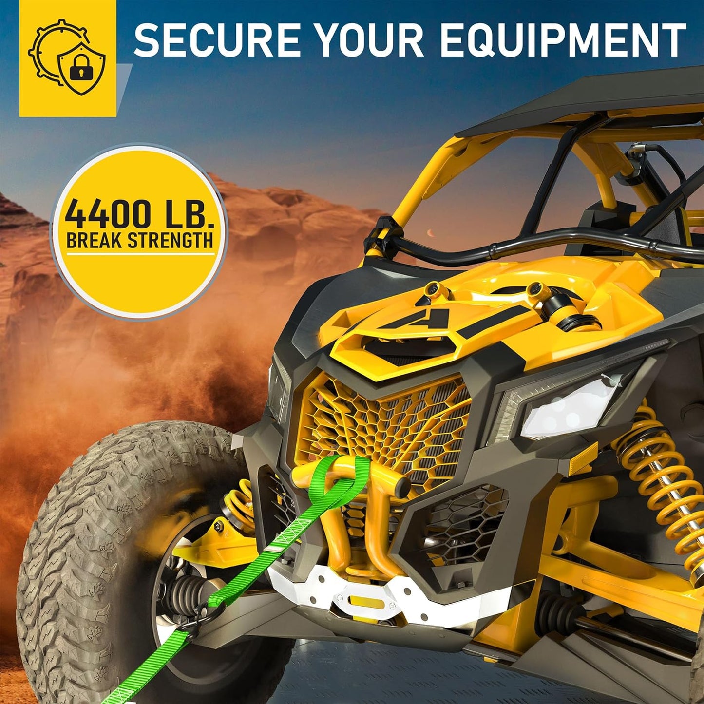 AUGO Heavy Duty Ratchet Straps & Soft Loops – Pack of 4 Extra Strong 1.5” by 10’ Ratchet Straps w/S-Hook Safety Latches & 4 Soft Loop Tie Downs – 4400Lb Break Strength for Motorcycles, ATVs, Etc.