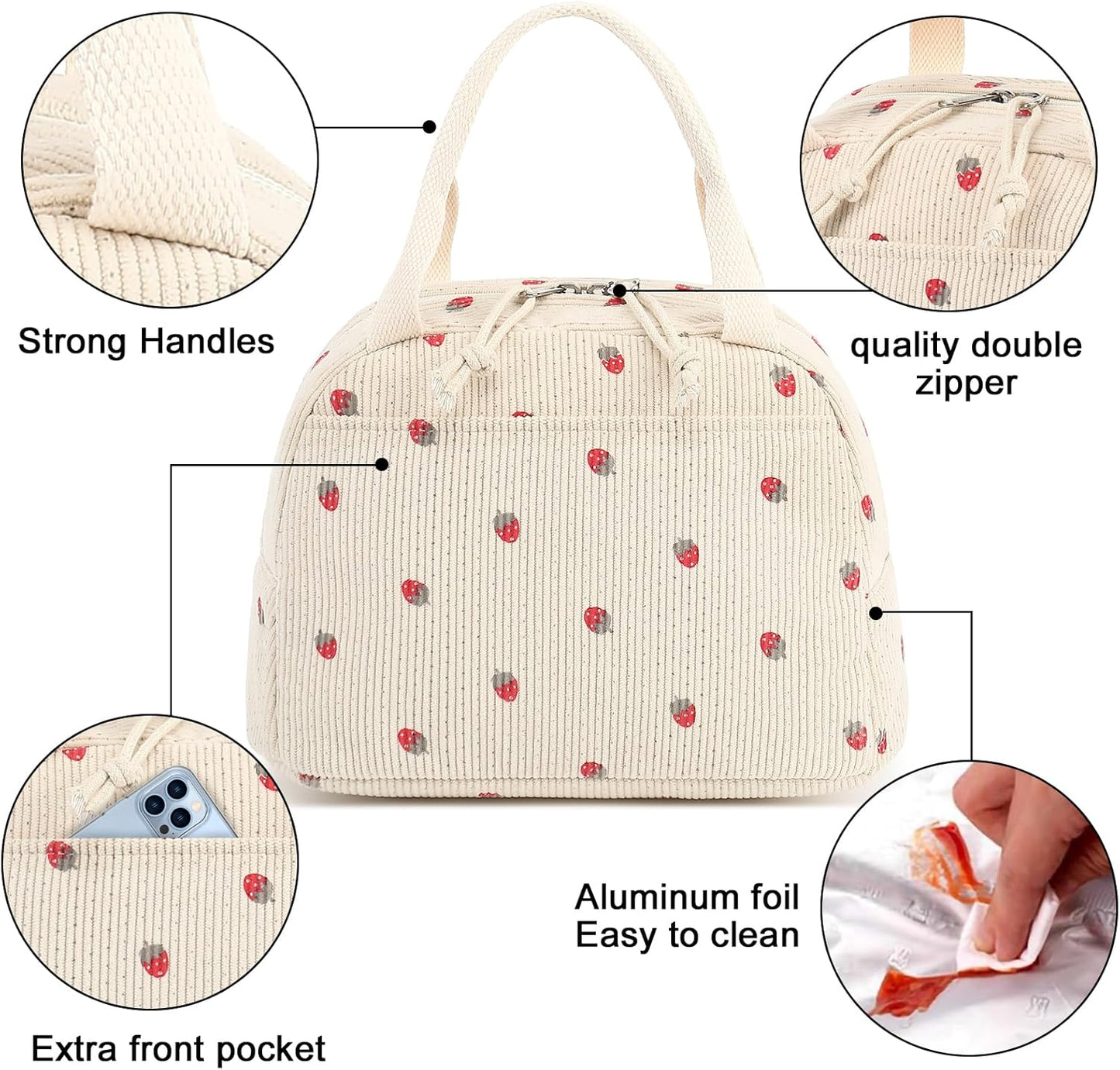 Bluboon Lunch Bag for Women Men Cute Corduroy Lunch Tote Bags Reusable Insulated Lunch Box Large Capacity Reusable Insulated Cooler for Work Picnic or Travel