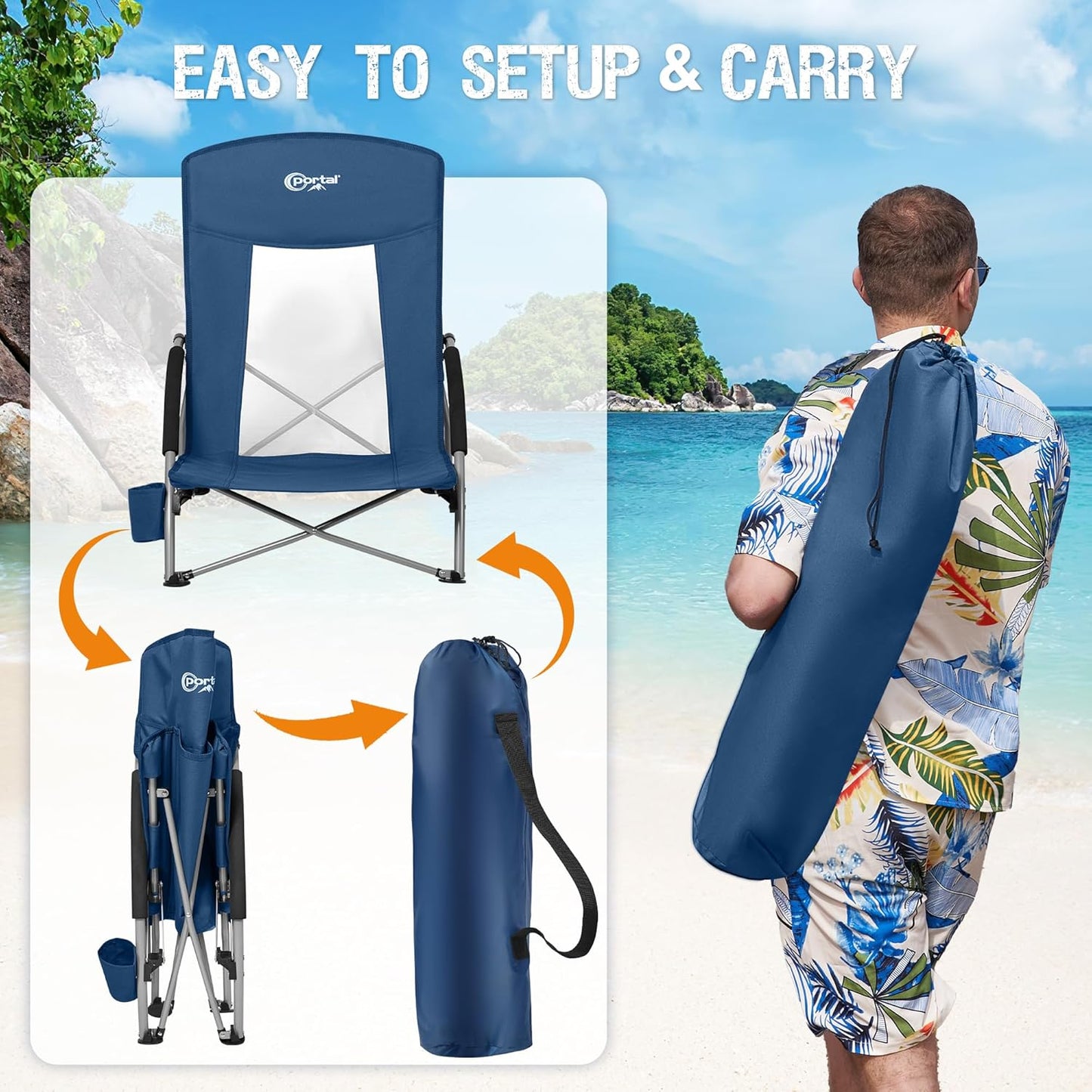PORTAL Beach Chairs for Adults Camping Low Lightweight Portable Chair with Cup Holder Mesh Back Carry Bag for Outdoor Sand Lawn Travel Picnic Festival Concert, 350LBS