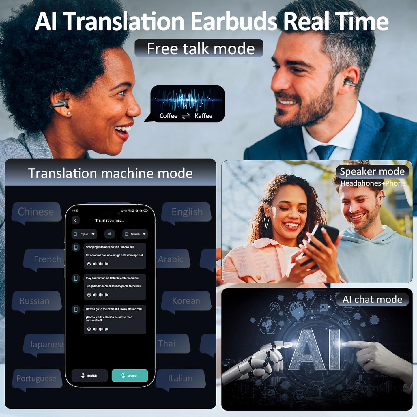 AI Language Translation Earbuds Real Time, IAMJOY Language Translator Earbuds Open Ear Clip-On Design, 163 Language & Accents Two-Way Translator Device with APP for Travel Learning Business, Black