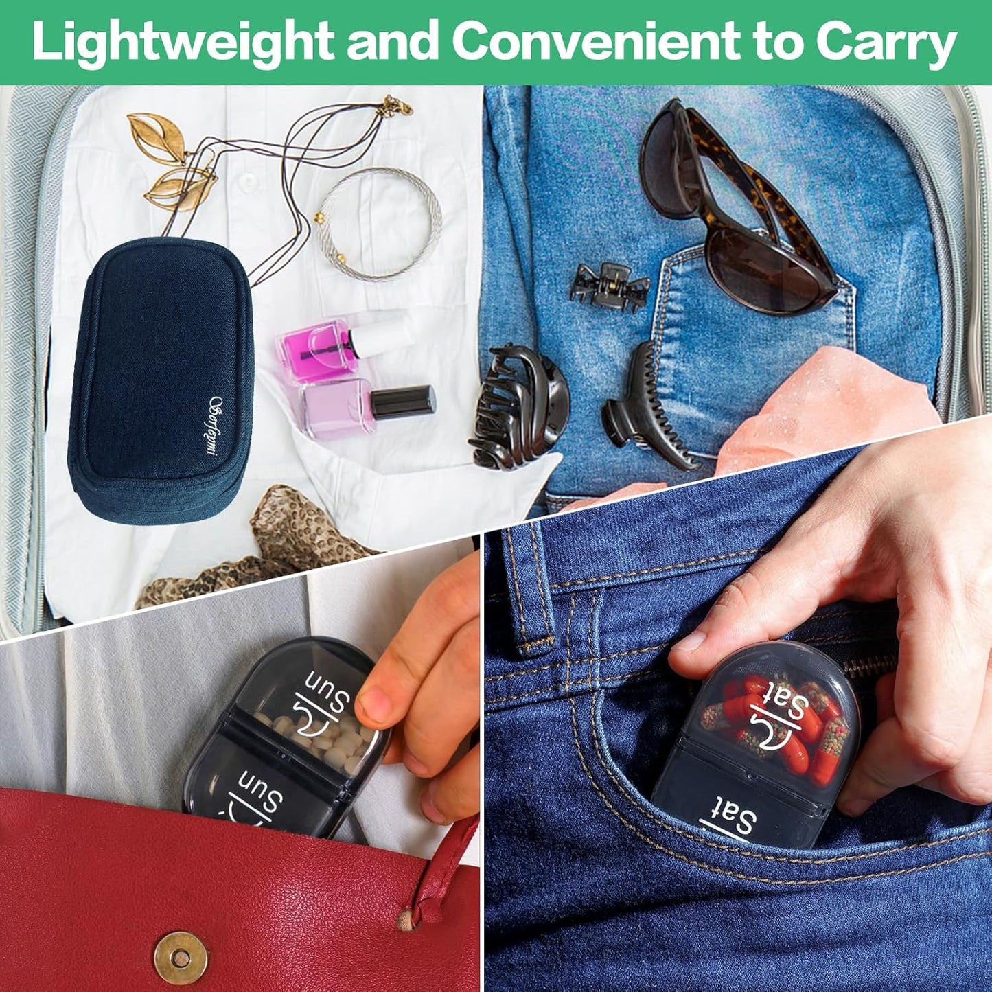 Serfeymi Weekly Travel Pill Organizer 2 Times A Day AM PM Upgraded Black Pill Box 7 Day with Portable Zipper Canvas Pill Case, Medicine Organizer for Pills, Vitamins, Supplements, Fish Oils - Blue 01