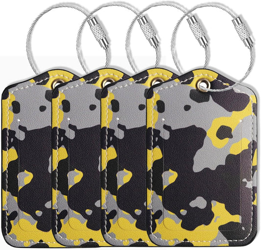Luggage Tags for Suitcases-Leather Luggage Tag 4 Pack with Loops Cute Bag/Backpack/Suitcase Tags Travel Essentials for Flying (Camo-Yellow)