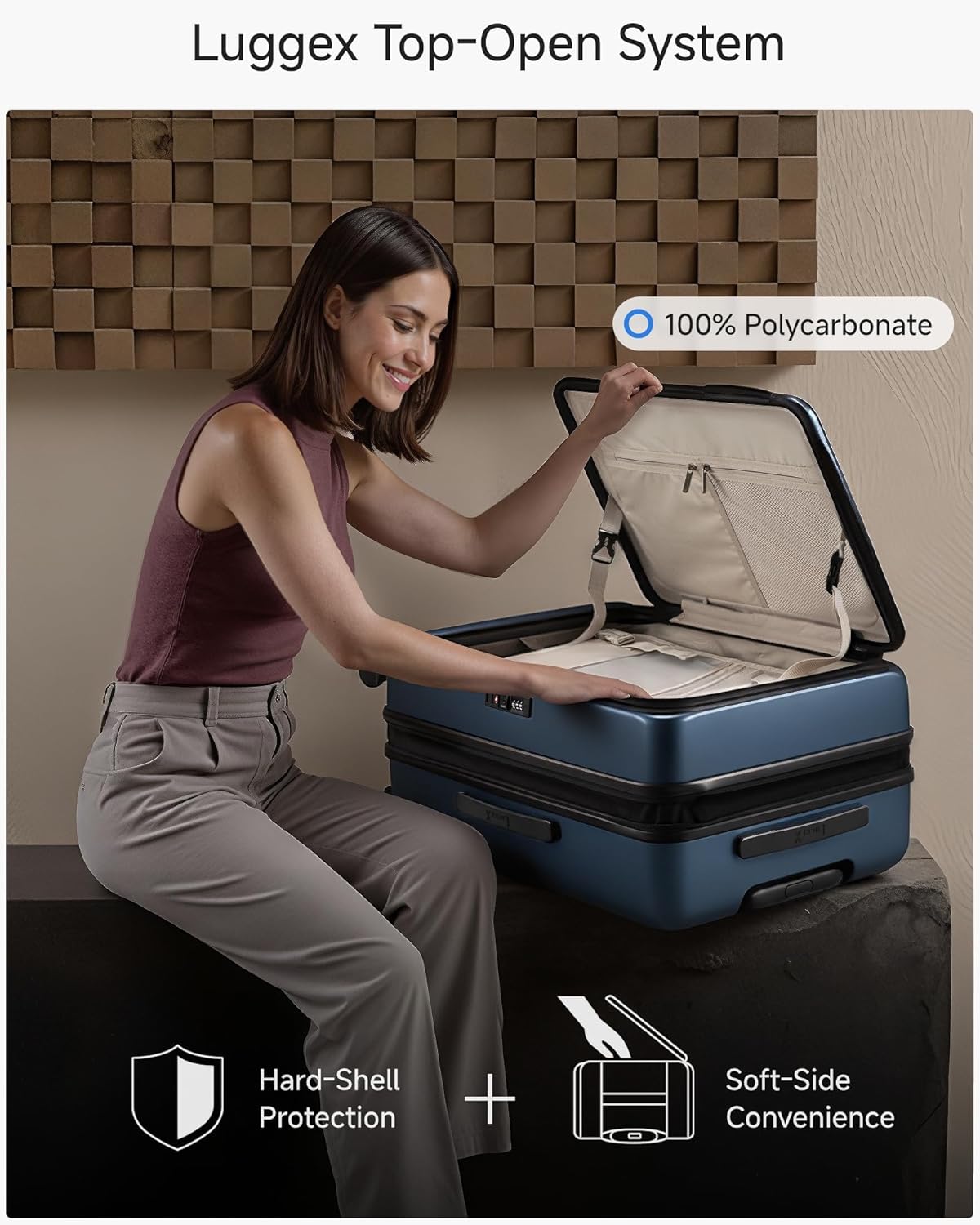 LUGGEX Checked Luggage with Spinner Wheels, FLO5 Expandable Polycarbonate Hard Shell Suitcase with TSA Approved Lock (FX-Core, Blue, 24 Inch)