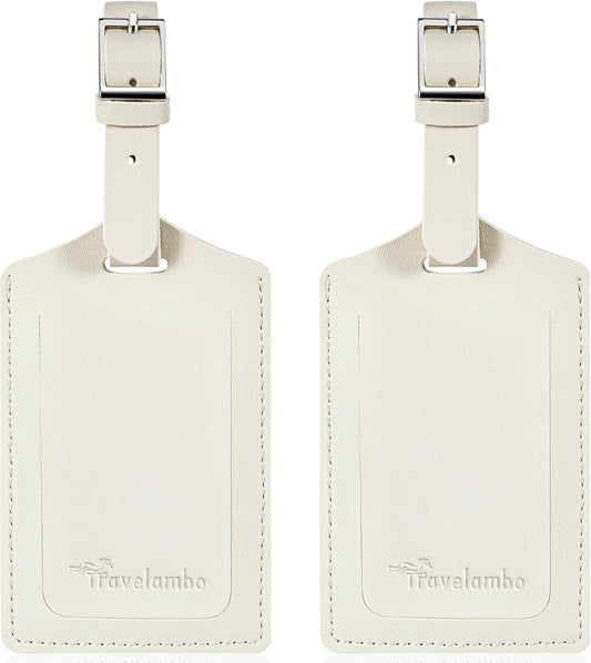 Travelambo Luggage Tags for Suitcases Faux Leather Privacy Protection 2 Pack Bag Tags Travel Accessories Essential, Ivory