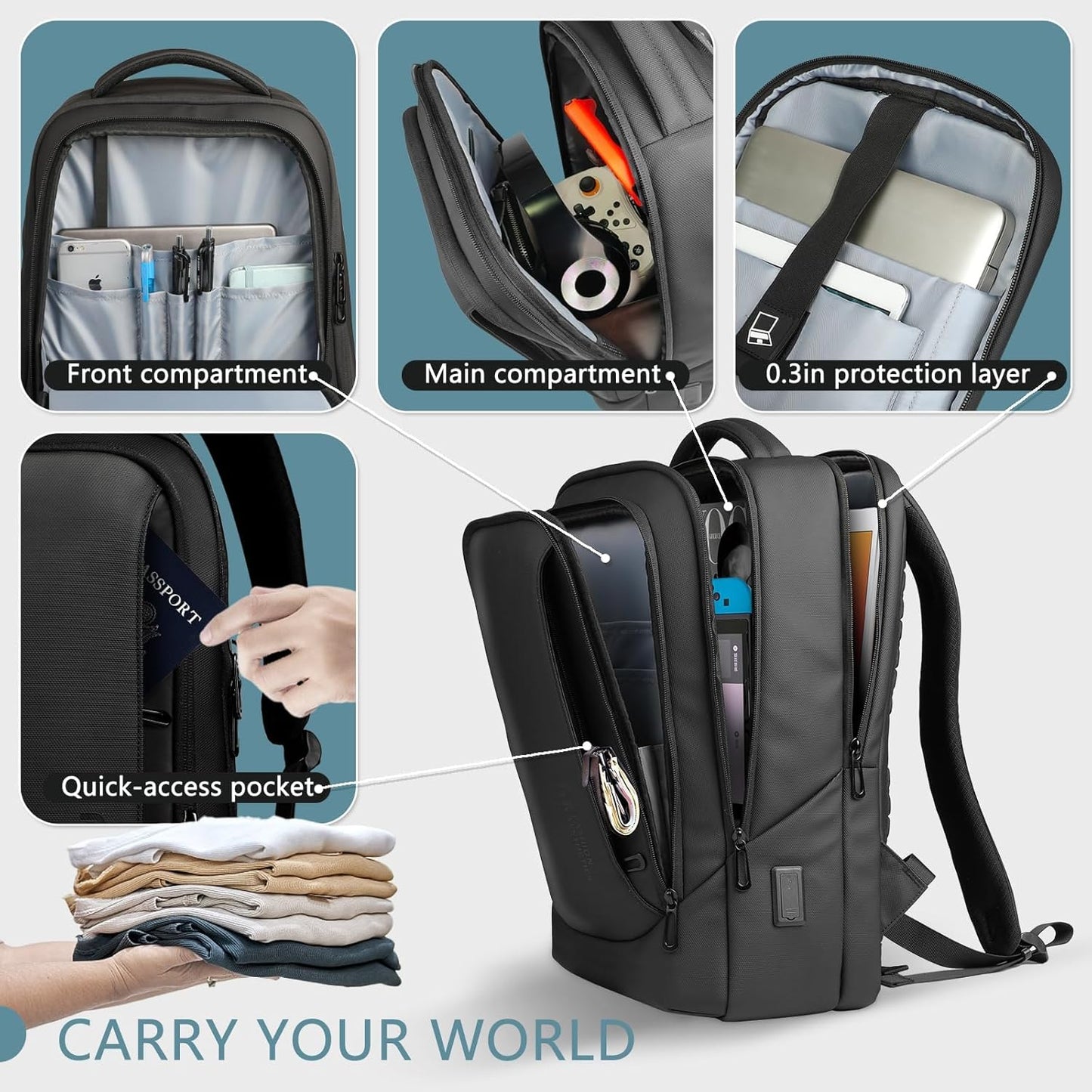 hk Laptop Backpack for Men with USB Charging Port Water-Resistant for 17.3 Inch Computer Bag Durable High-Tech Daypack Casual Backpack for Business Work College Weekender Travel- Black