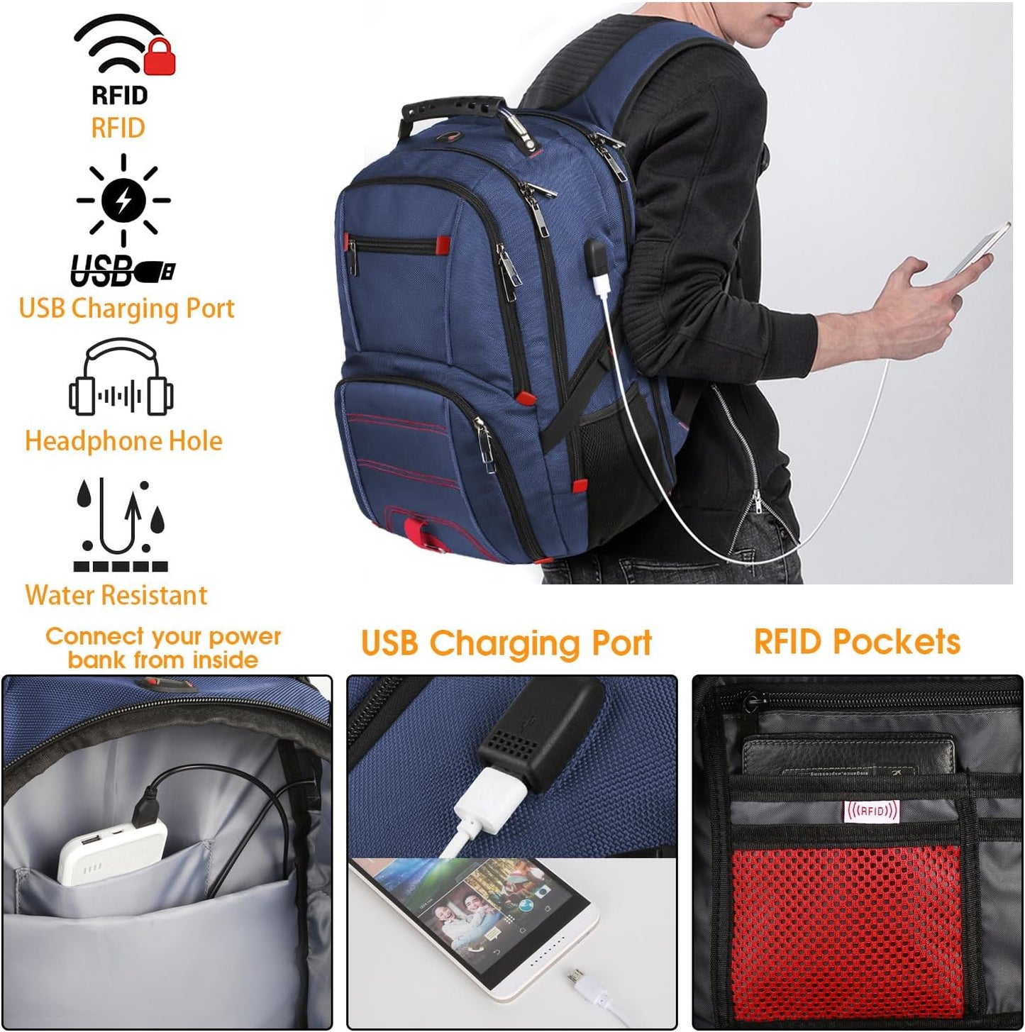 LTINVECK Extra Large 50L Travel Laptop Backpack, Computer bag Backbag with USB Charging Port, TSA Friendly Durable Big RFID Heavy Duty Business Tech Backpack Fits 17 Inch Laptops for Men Women, Blue