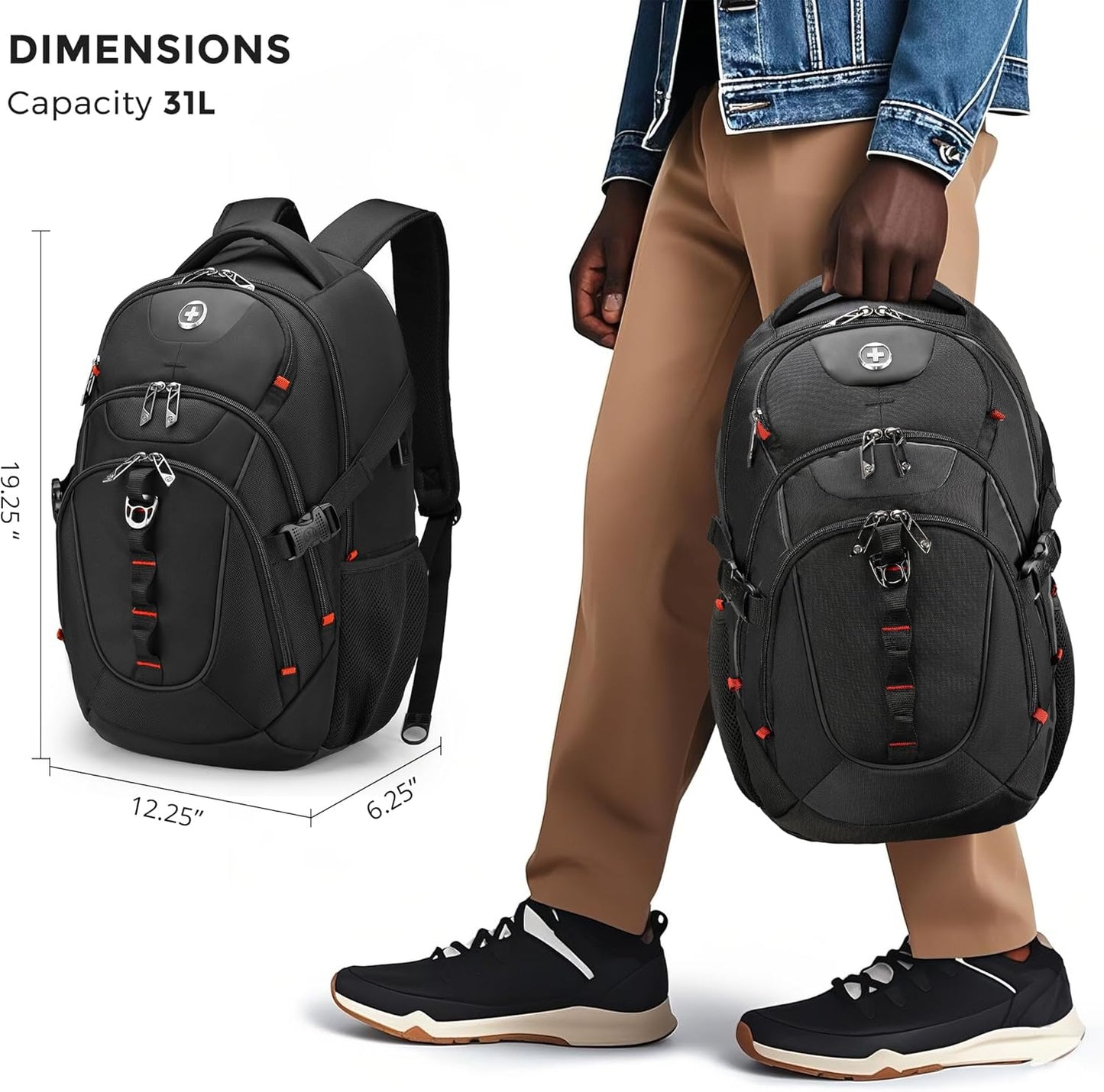 Swissdigital Design Travel Backpack for Men with Apple Find My, Laptop Backpack with USB Charging Port, RFID Protection, Add-A-Bag System - Travel Backpack for Men