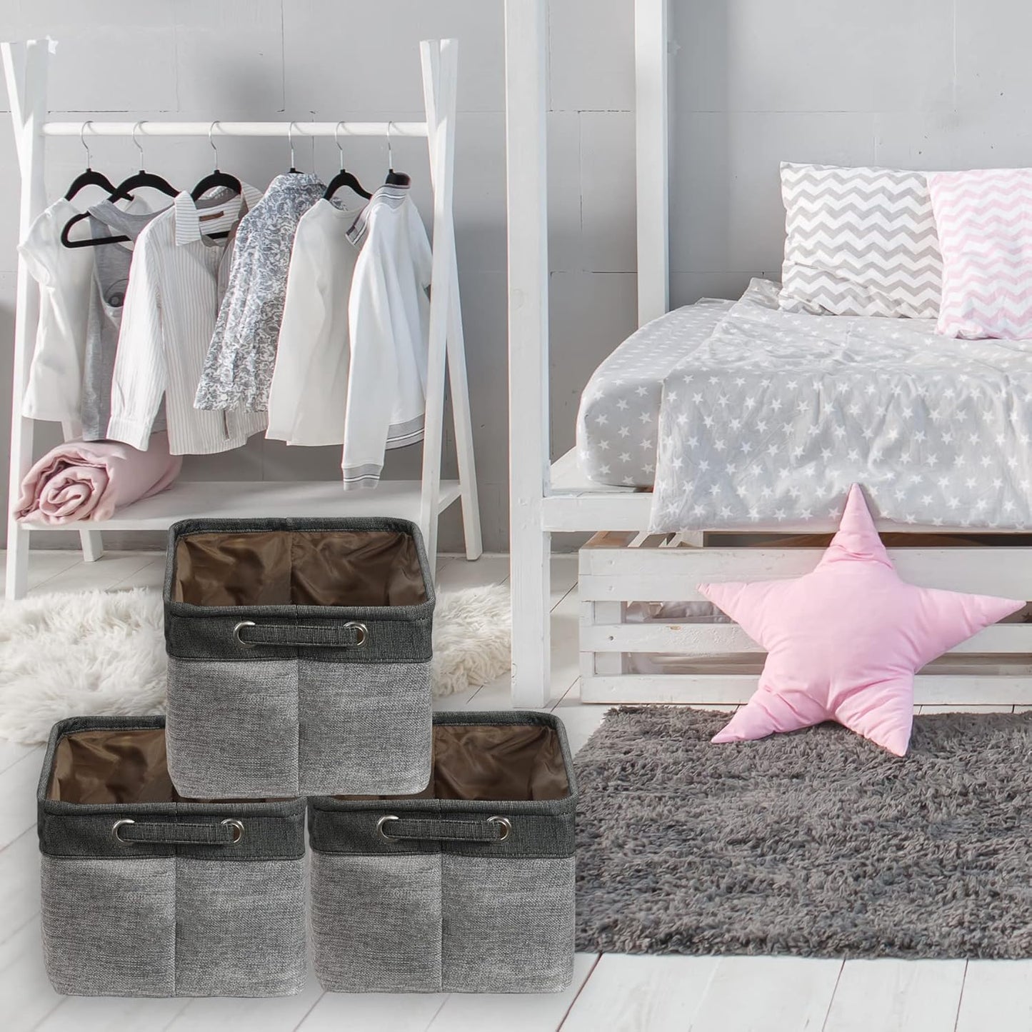 Simple Houseware 14.4" x 10" Fabric Storage Bin with Handles, 3-Pack, Foldable Organizer for Closet and Shelf, Dark Gray