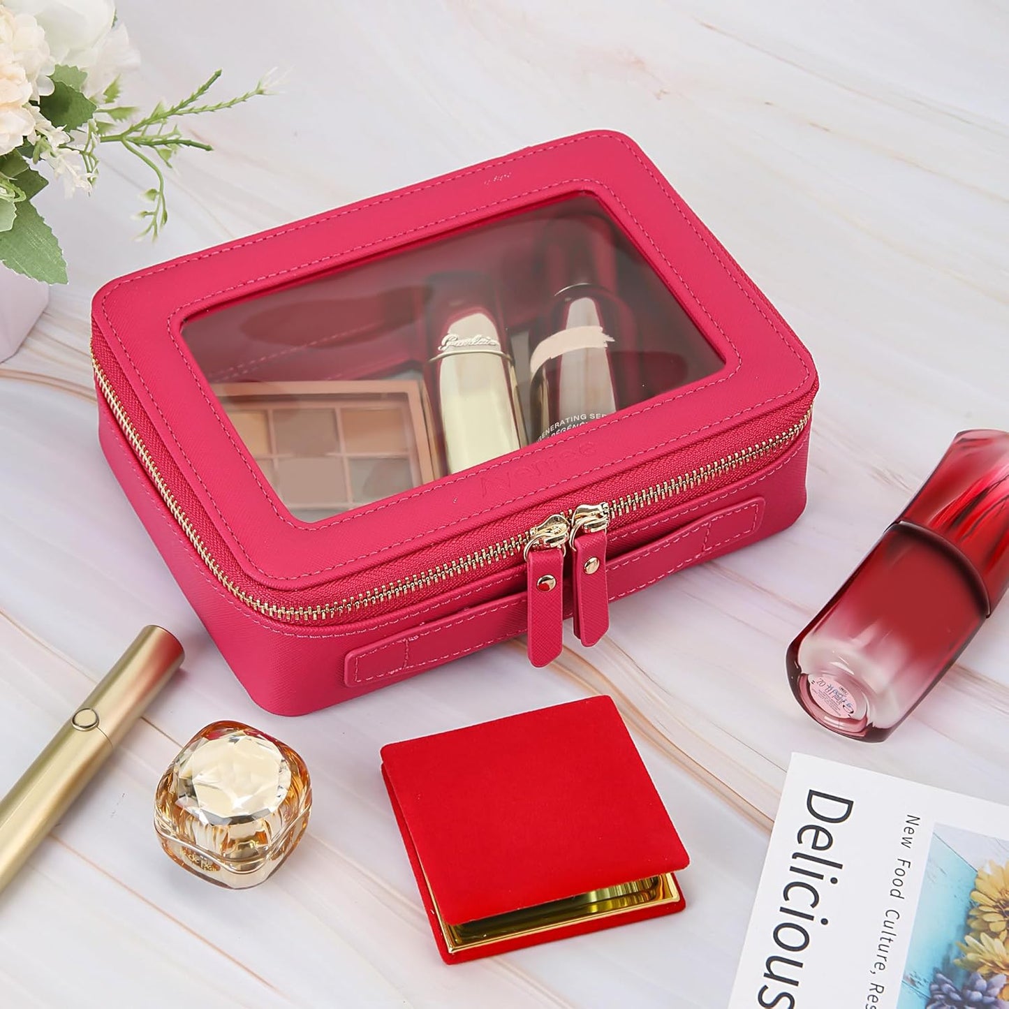 Aveniee Clear Makeup Bag Organizer,Travel Toiletry Bag for Women,Waterproof Cosmetic Pouch with Zippers,Car Accessories Organizers and Storage Case,Hotpink