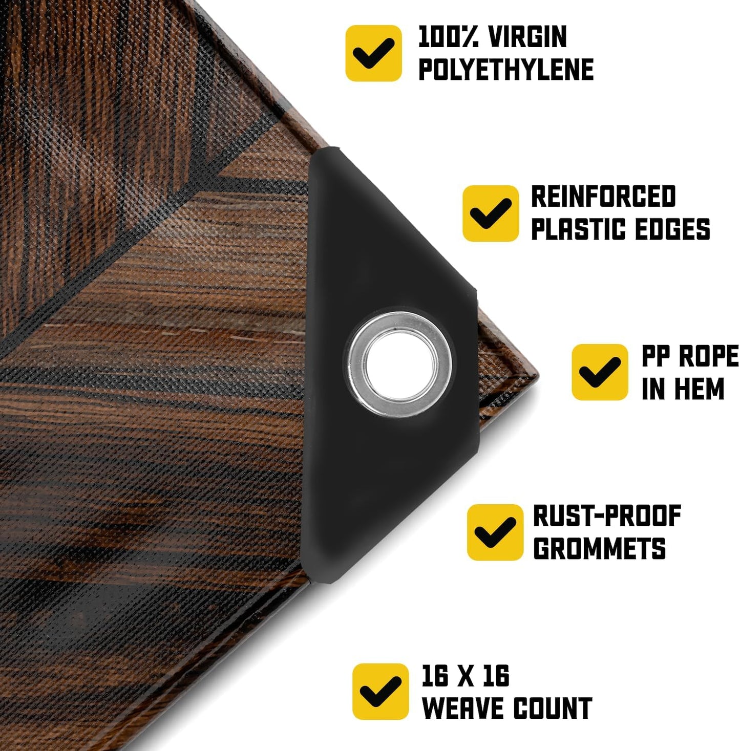 Core Tarps Extreme Heavy Duty 20 Mil Tarp Cover, Waterproof, UV Resistant, Rip and Tear Proof, Poly Tarpaulin with Reinforced Edges for Roof, Camping, Patio, Pool, Boat (Brown Wood/Black 40′ X 40′)
