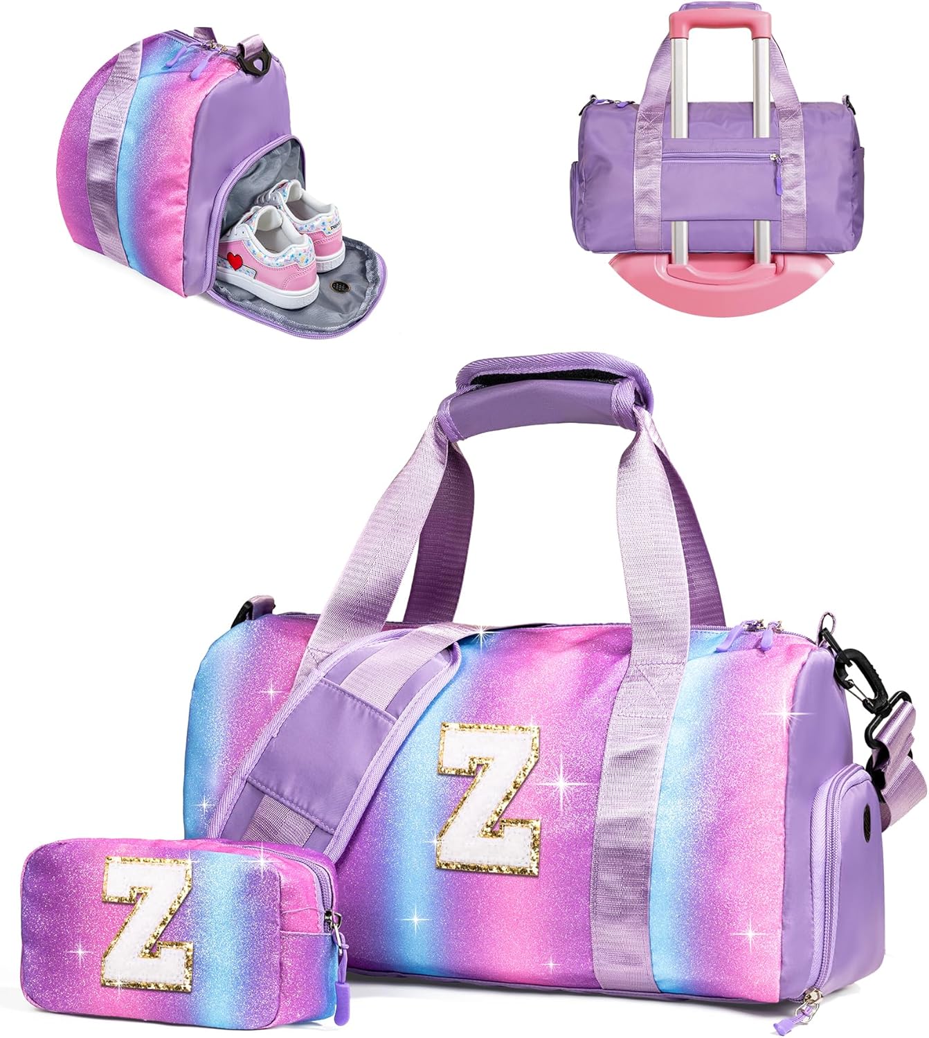 Birthday Gift for Granddaughter-Girl Gym Bag with Shoe Compartment, Kid Personalized Weekender Overnight Bags, Initial Travel Tote with Makeup Pouch, Christmas Gifts for Girls (Letter Z)