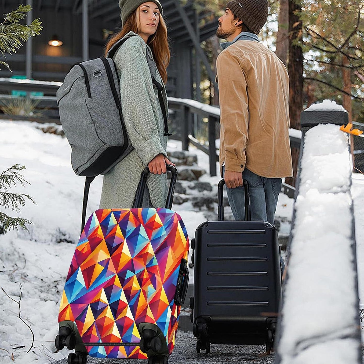 ANNA QUEEN Colorful Geometric Luggage Cover, Abstract Prism Pattern Suitcase Protector, Stretchable, Washable Travel Cover for 20-22 Inch Luggage, Bright, Durable & Eye-Catching