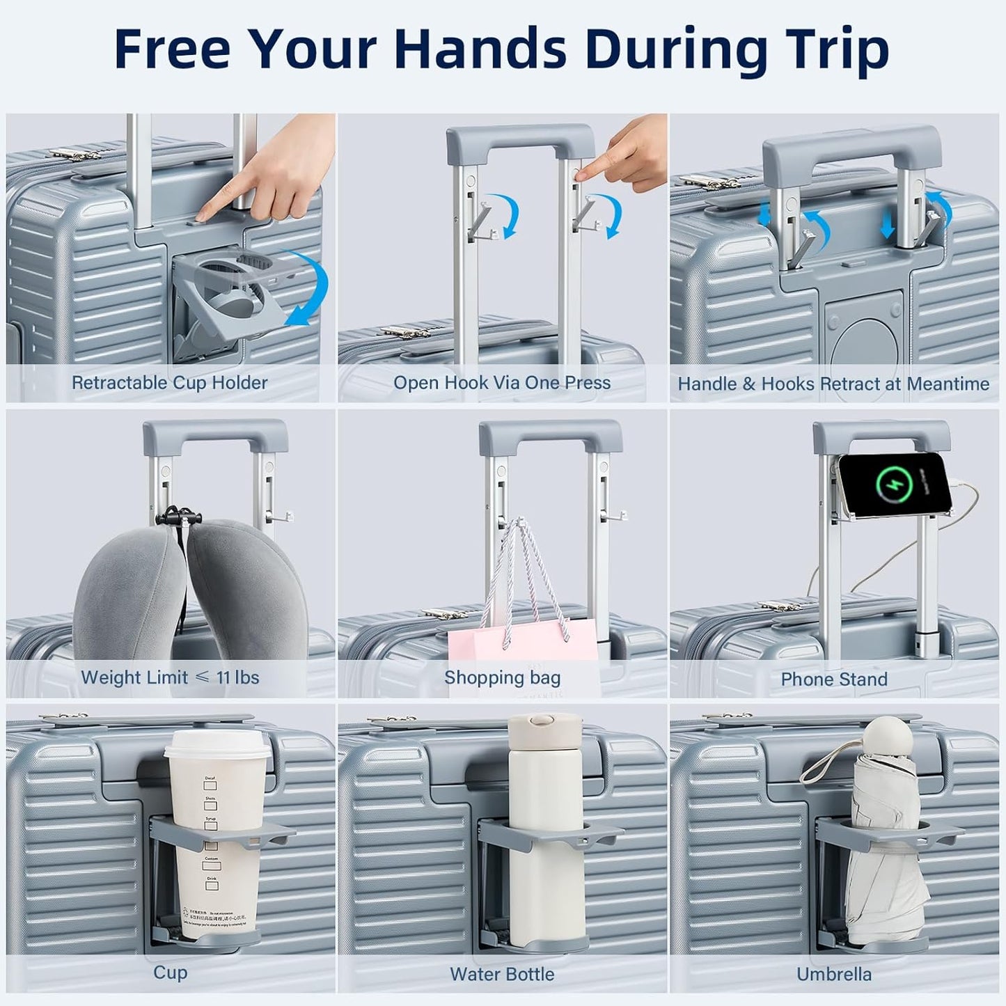Hard Shell Suitcases Expandable Travel Luggage Sets 3 Piece, Carry on and Check in 3 Piece Luggage Suitcase Sets with Spinner Wheels Cup Holder Charger Built in (Silver, 20/24/28)