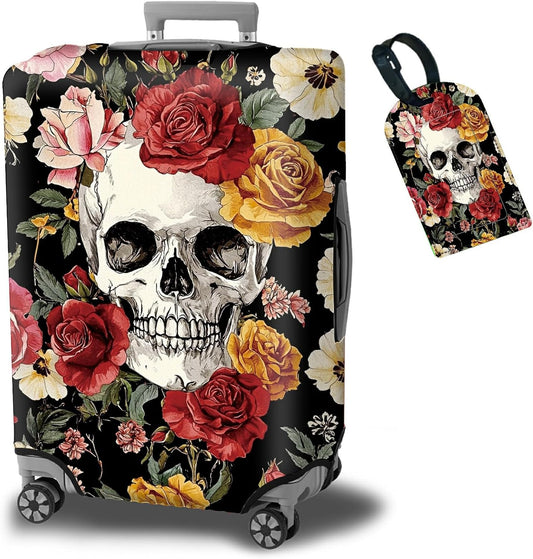Luggage Cover Plus - Sugar Rose Skull Travel Suitcase Cover for 22-24 inch Luggage (M) with Concealed Zipper, Washable Elastic Cloth, Dustproof, Anti-Scratch