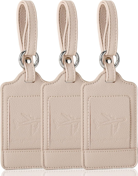 Teskyer Luggage Tags, 3 Pack Premium PU Leather Luggage Tags for Suitcases, Privacy Protection Travel Bag Tags, Lichee Beige