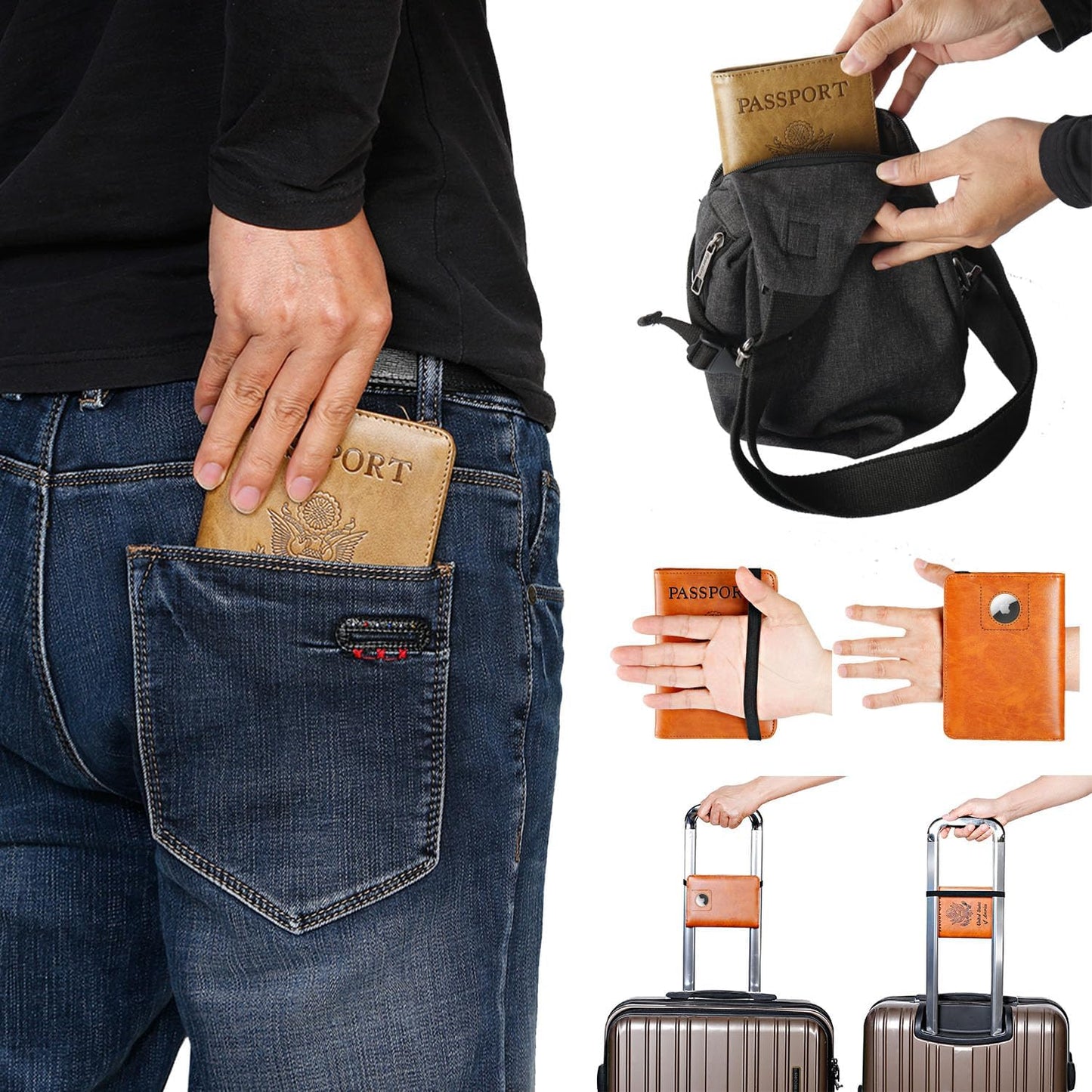 Airtag Passport Holder Cover Wallet Travel Essentials RFID Blocking Leather Card Case International Must Haves Travel Accessories for Women Men(119#Claybank)