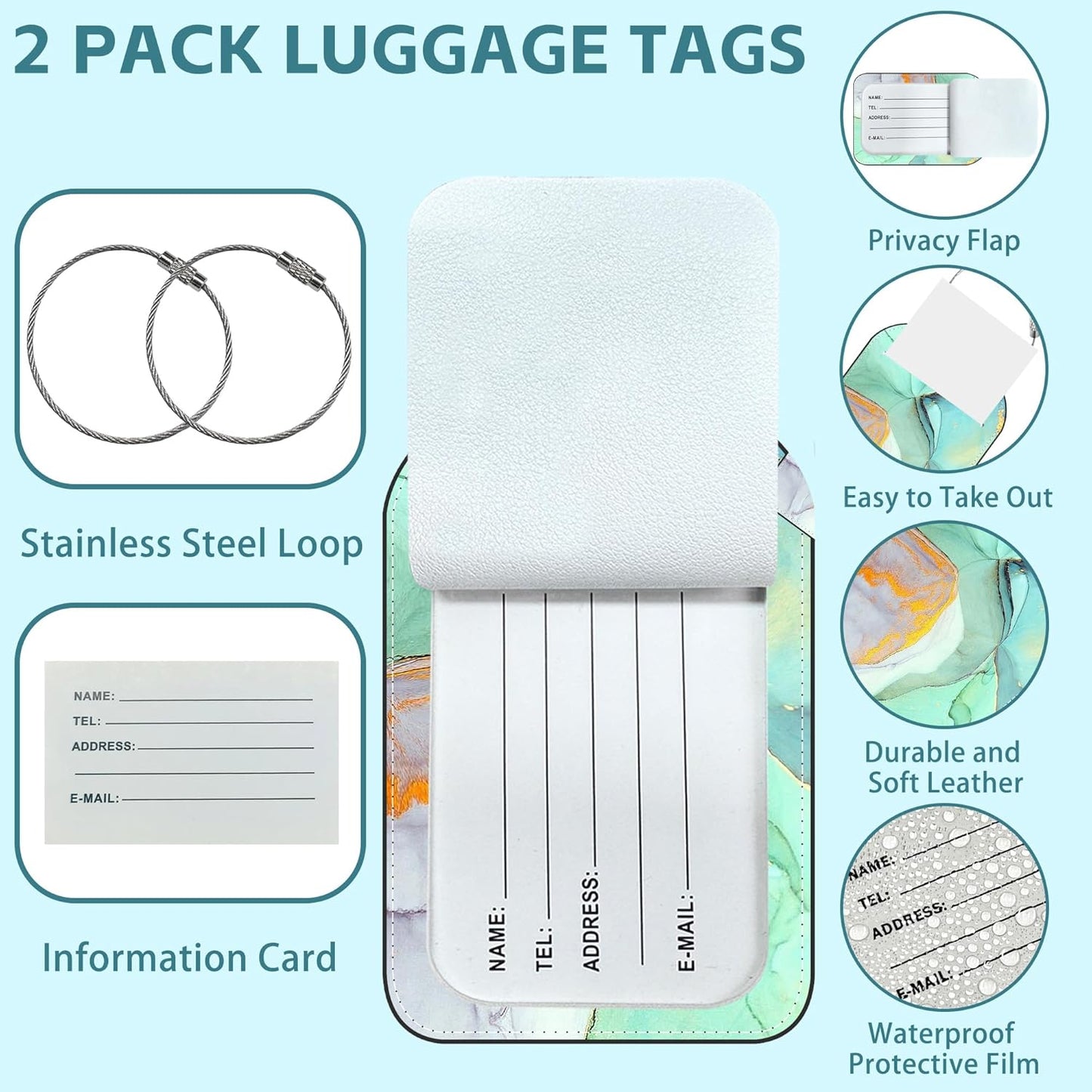 Emerald Marble Luggage Tag for Suitcase Set of 2 PU Leather Cute Luggage Tags with Stainless Metal Loop ID Label Privacy Flap Suitcase Tags for Women and Men Travel