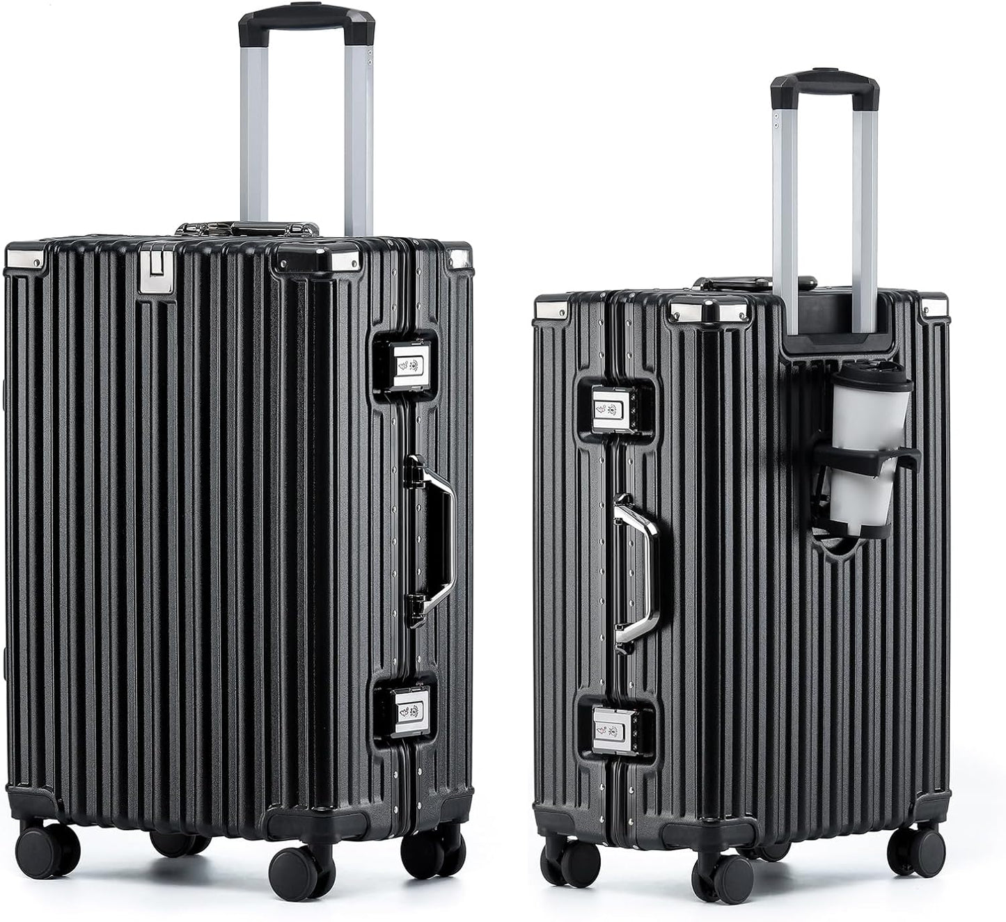 HotWay 24 Inch Aluminum Frame Luggage with Spinner Wheels, PC Hard Shell Suitcase with Cup Holder, Zipperless Luggage for Business Travel, Black