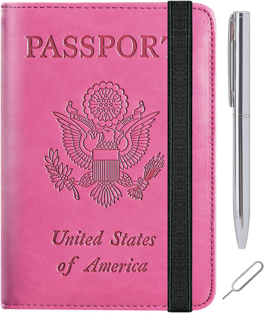 Passport Holder Cover Wallet Travel Essentials RFID Blocking Leather Card Case International Must Haves Travel Accessories for Women Men(113#Pink)