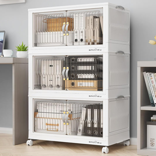 BROVIEW 180Qt Stackable Storage Bins with Lid, Extra Large Closet Organizer Collapsible Drawer Boxes with Wheels, Folding Plastic Cabinet Containers for Home Kitchen Room Organization, 3Pack White