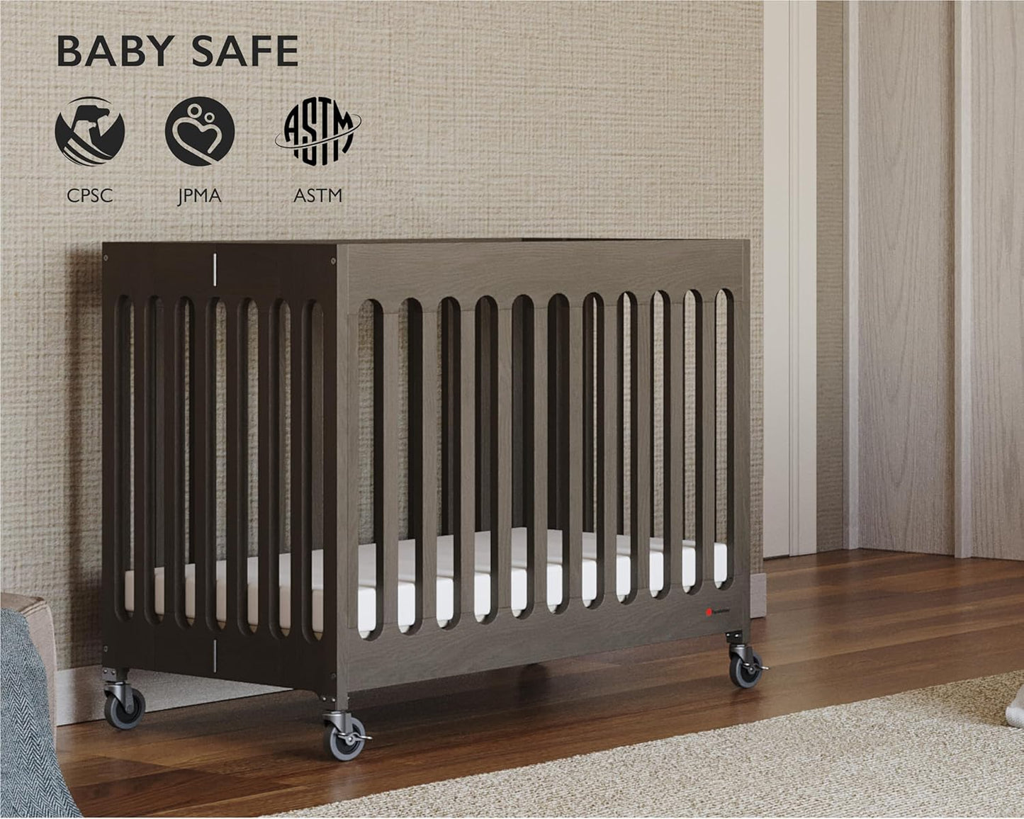 Foundations Boutique Folding Mini Baby Crib - Compact, Portable, Wooden Hotel Crib, Foldable Mini Crib for Baby & Toddlers - Includes 3" Foam Mattress, Dapper Gray