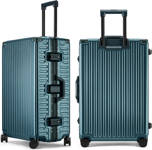 ROAMING Zipperless Luggage 28 Inch with Aluminum Frame, Checked-Large Lightweight 3-Layer PC Hard Shell Suitcase with Spinner Wheels, Metal Travel Luggage with Three TSA Locks, Dark Night Green