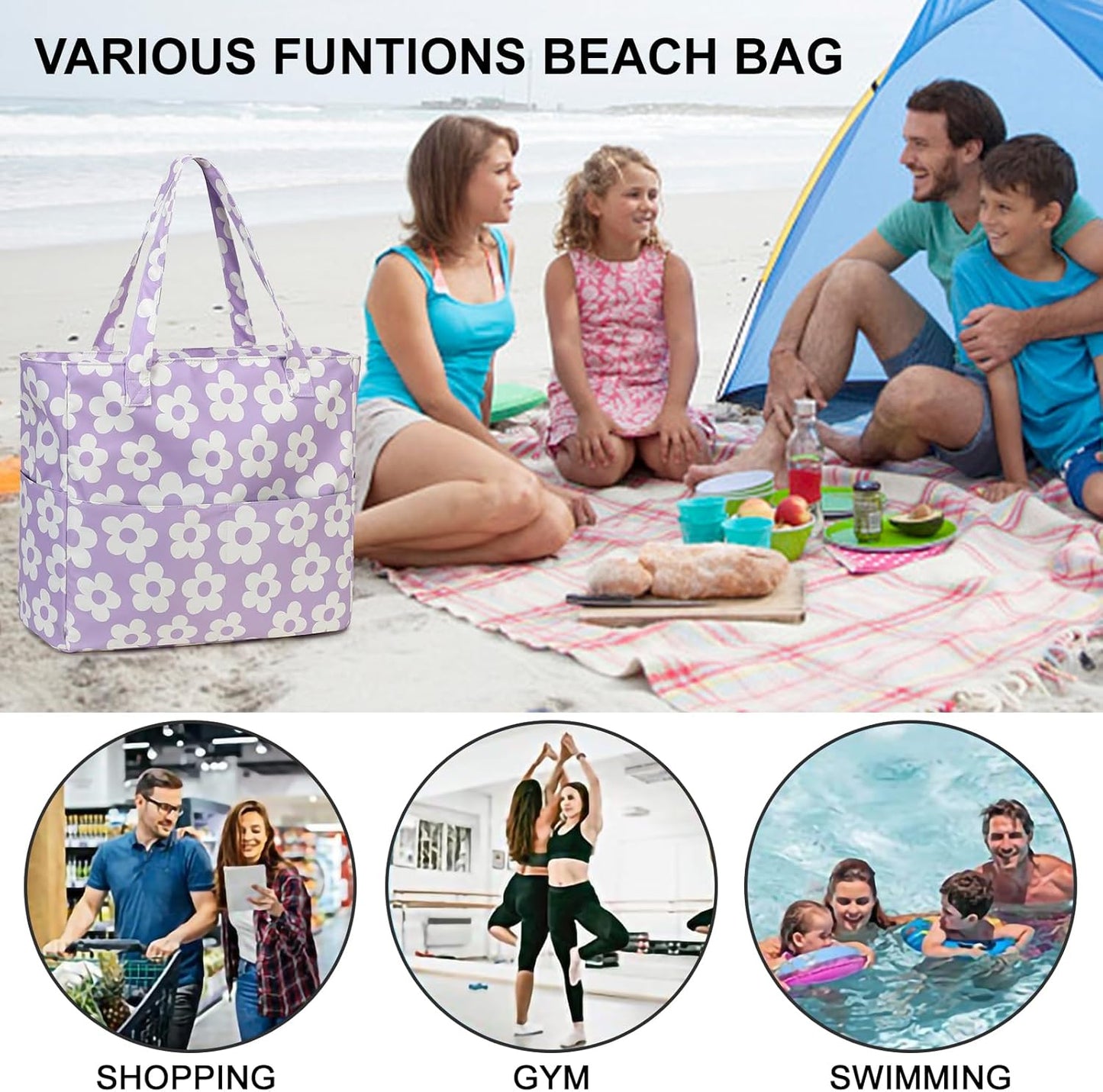 Waterproof Beach Tote Pool Bags for Women Ladies Extra Large Gym Tote Carry On Bag With Wet Compartment for Weekender Travel