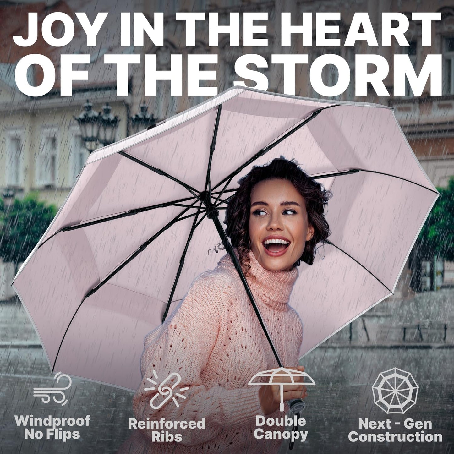 Royal Walk Windproof Folding Travel Umbrella Compact and Strong Luxurious Real Wood Handle Automatic Open Close Vented Double Canopy for Men and Women