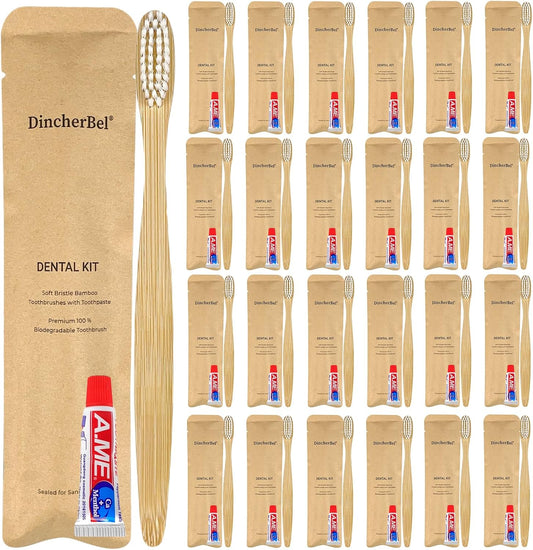 Bamboo Toothbrushes Kit Bulk, Disposable Toothbrushes with Toothpaste(6g), Individually Wrapped Toiletries Amenities for Hotel, Airbnb, Homeless, Shelter, Camping and Travel (50 Pack)